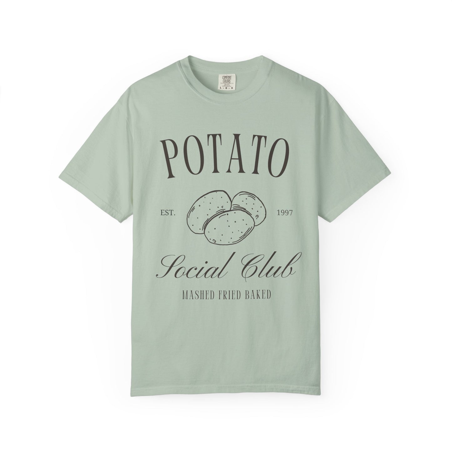 T-shirt with vintage Potato Social Club design featuring hand-drawn potatoes and brown text
