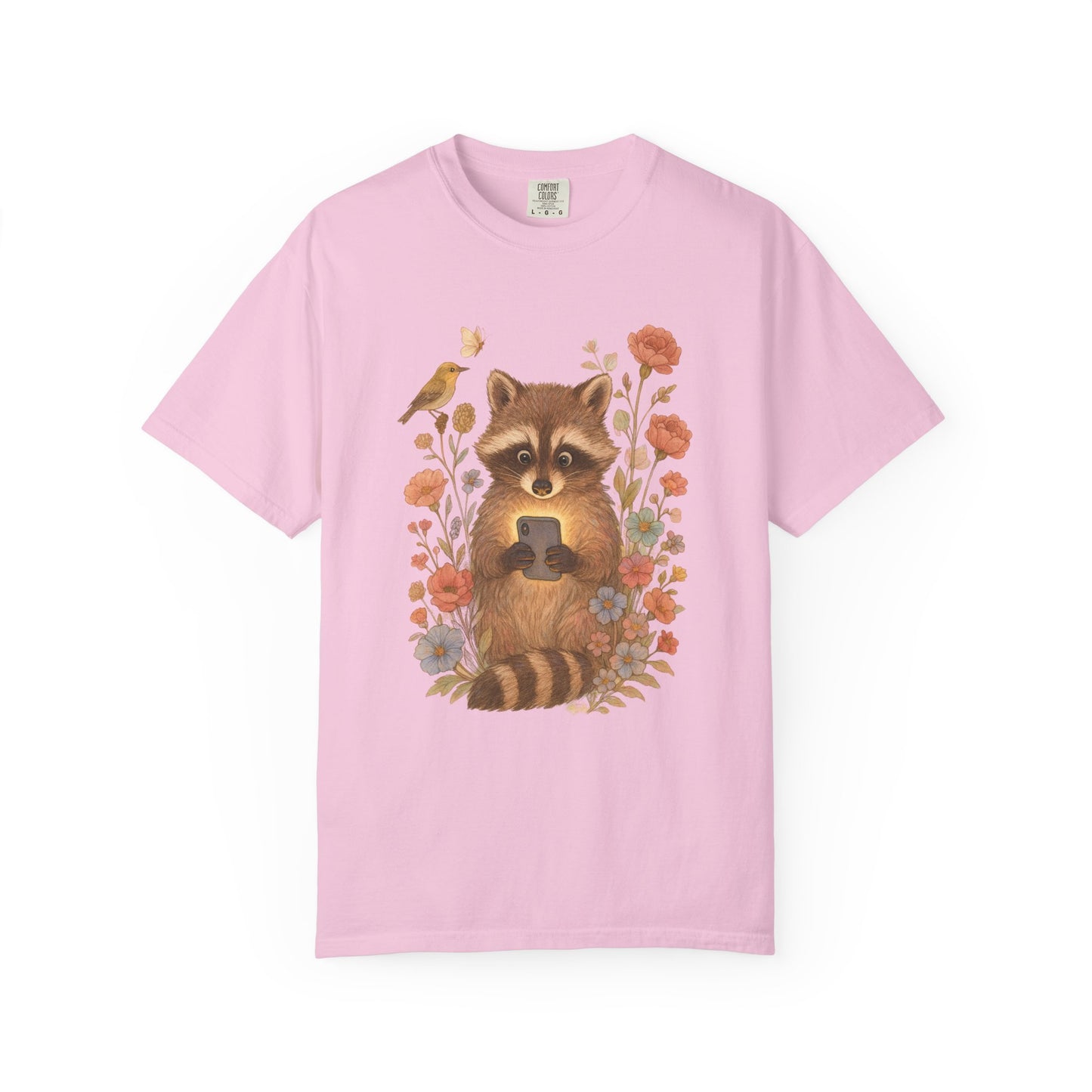 T-shirt with cute raccoon holding smartphone surrounded by coral and blue wildflowers