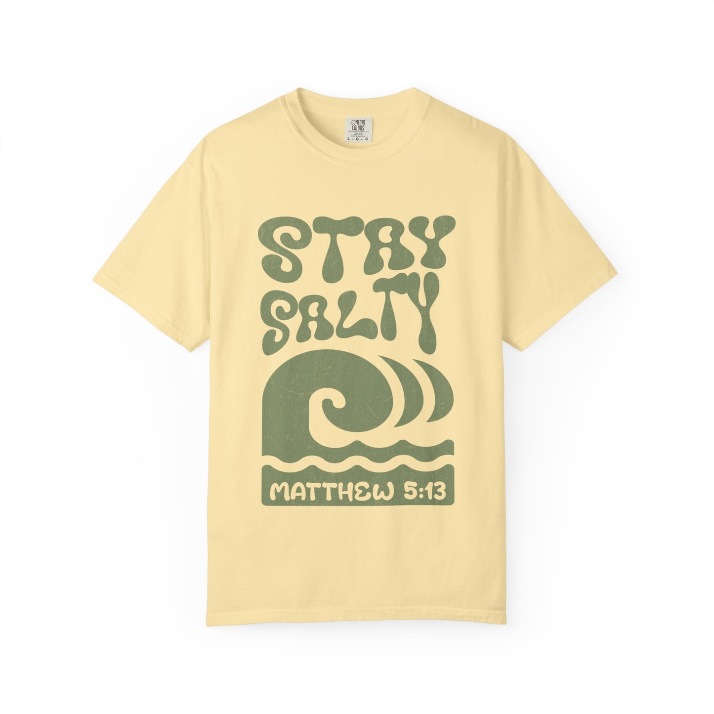 Stay Salty Matthew 5:13 t-shirt with retro wave design in sage green christian graphic