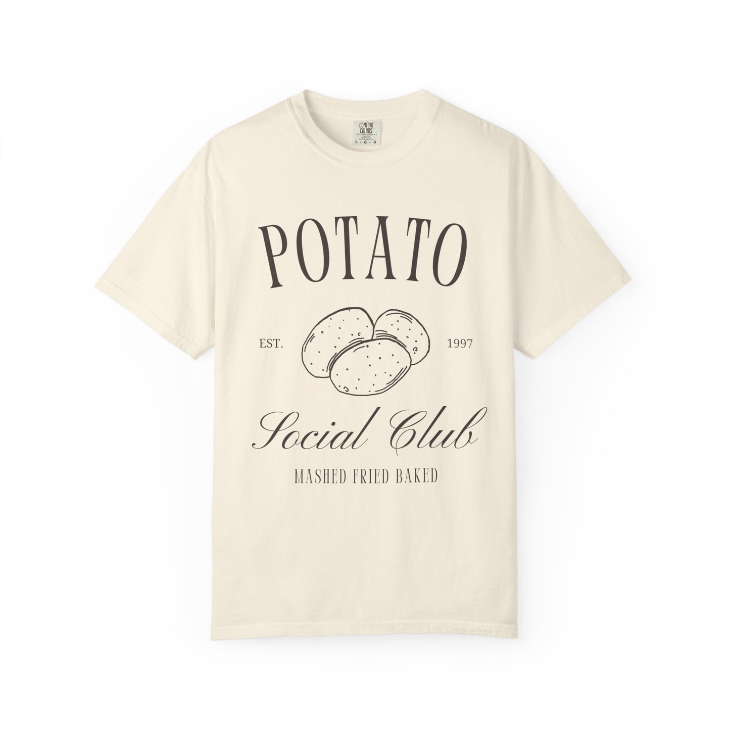 T-shirt with vintage Potato Social Club design featuring hand-drawn potatoes and brown text