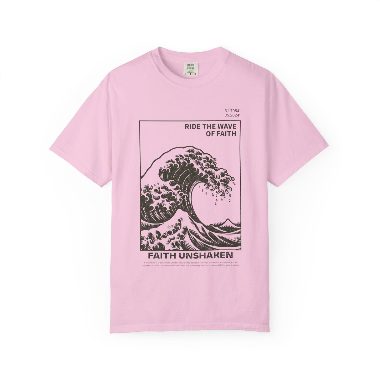 T-shirt with ocean wave design featuring 'Ride The Wave of Faith' and 'Faith Unshaken' text