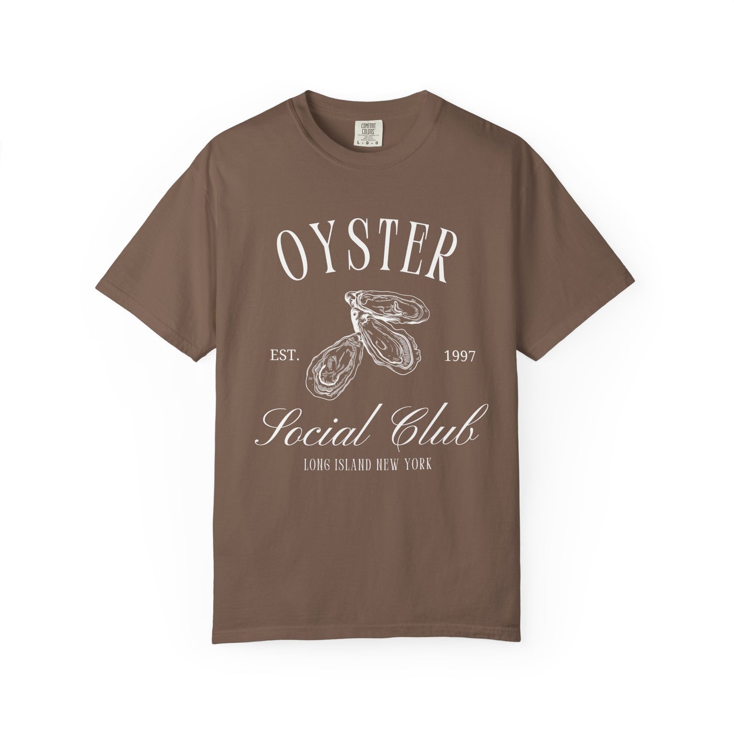 T-shirt with vintage oyster social club design featuring three detailed oyster illustrations