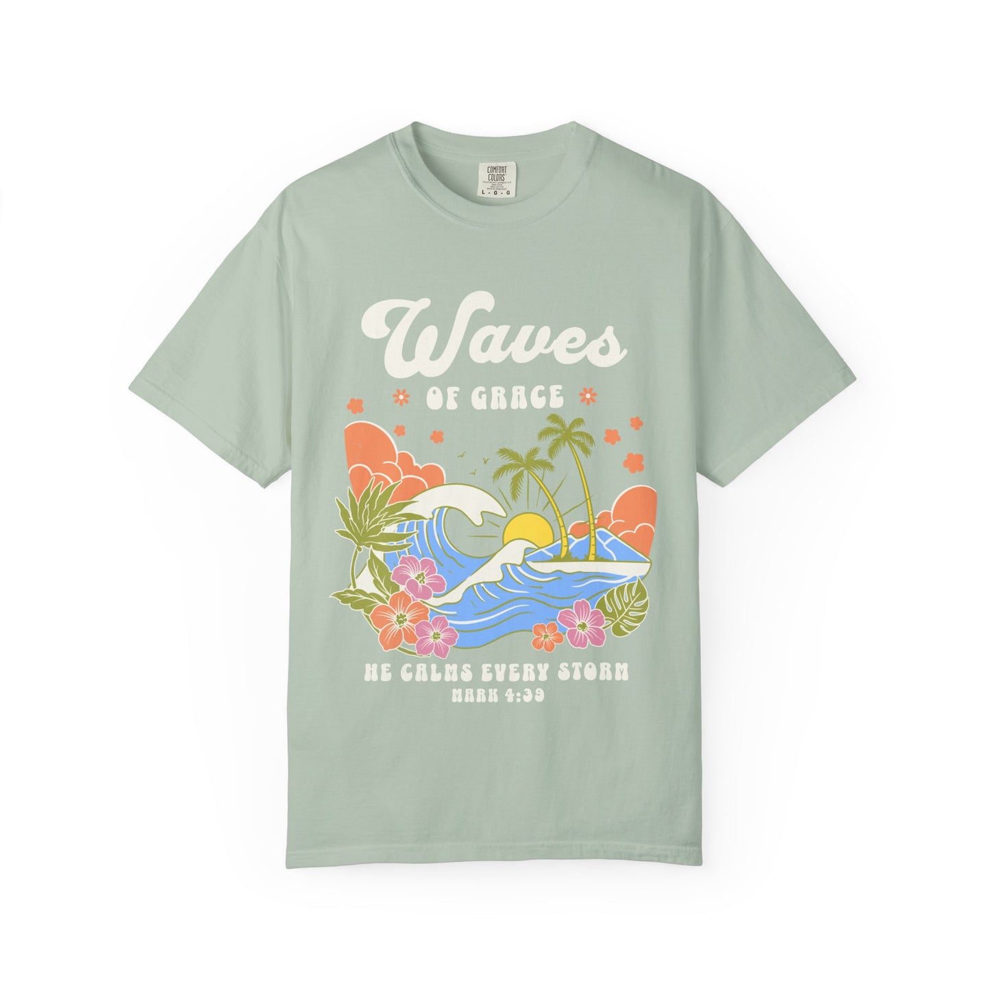 T-shirt with tropical ocean waves, palm trees, hibiscus flowers and 'Waves of Grace' scripture design