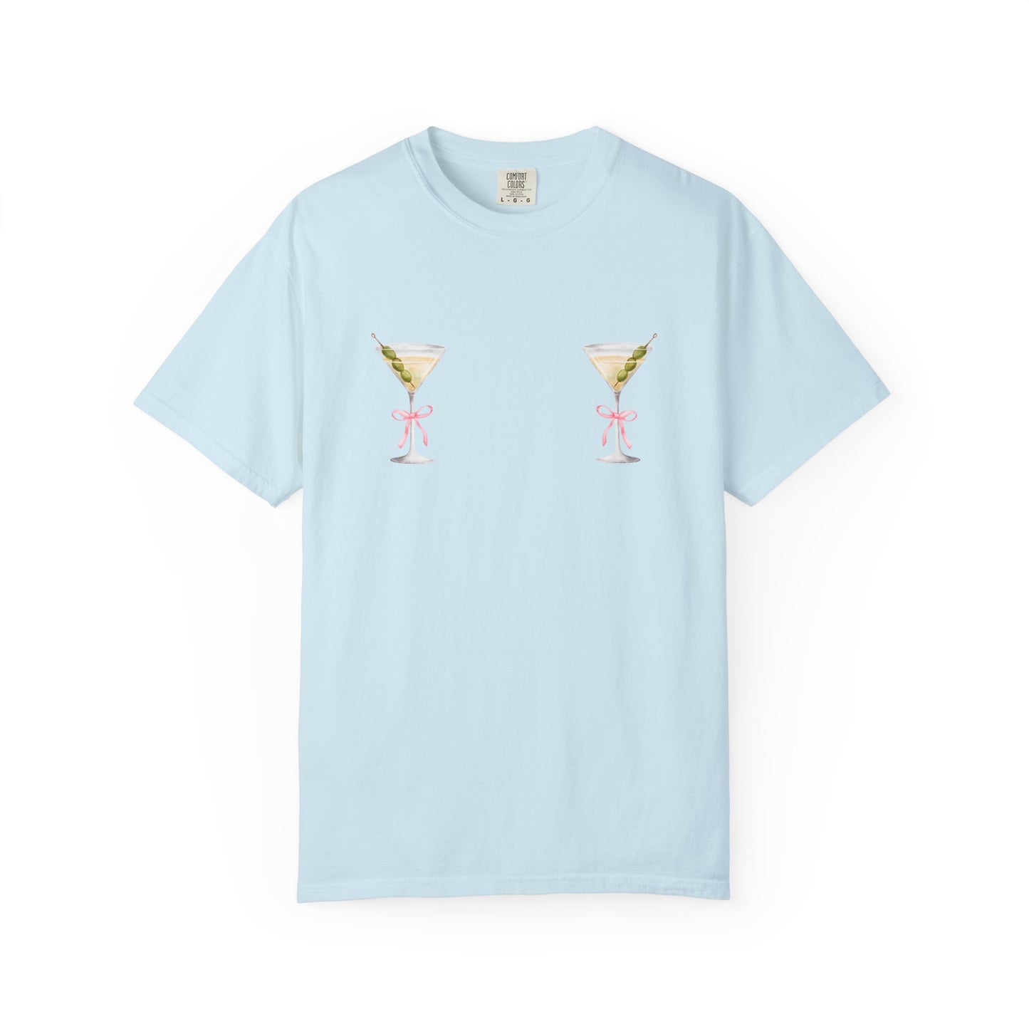T-shirt design with two martini glasses containing olives and pink bow details creating a humorous cocktail theme
