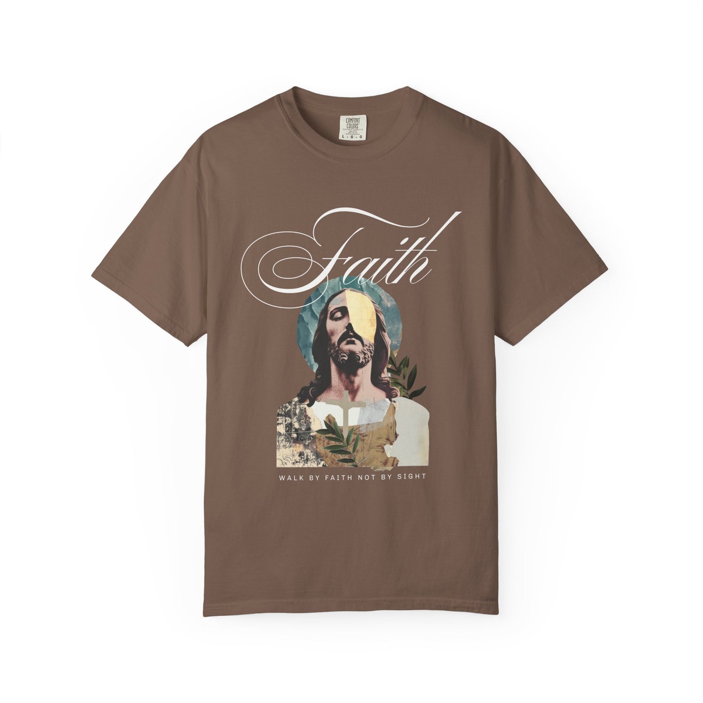 Jesus t-shirt with artistic collage design featuring Christ's face and Walk By Faith Not By Sight text