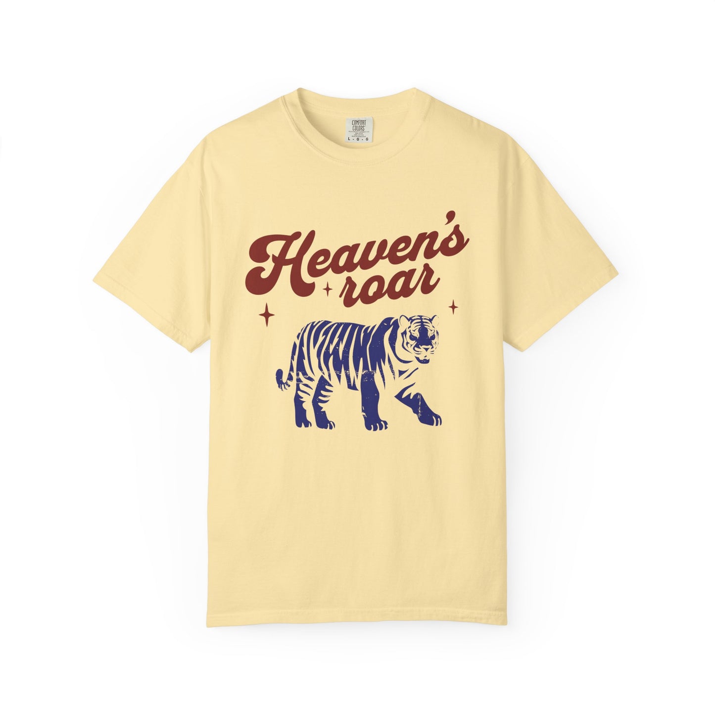 T-shirt with retro Heaven's roar text in red and blue tiger graphic design