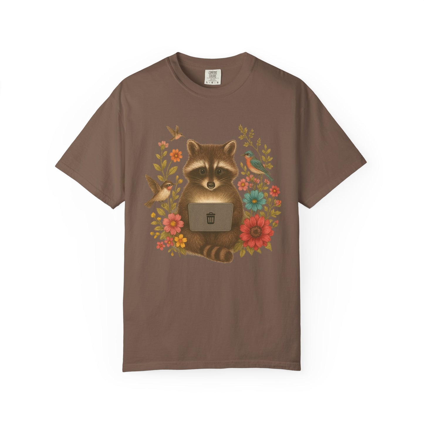 T-shirt with vintage-style raccoon illustration surrounded by colorful wildflowers and birds