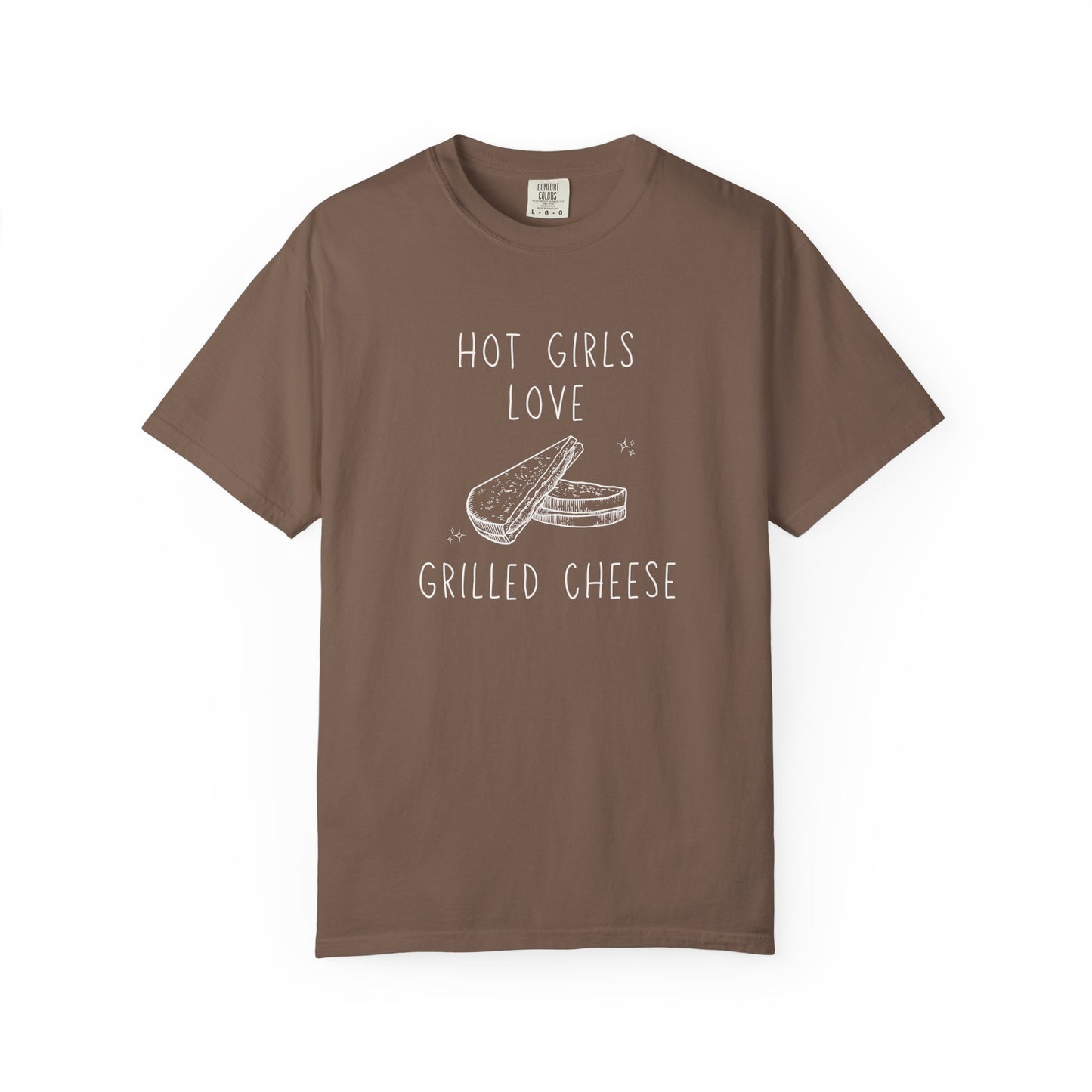 T-shirt with hand-drawn grilled cheese sandwich illustration and text reading Hot Girls Love Grilled Cheese