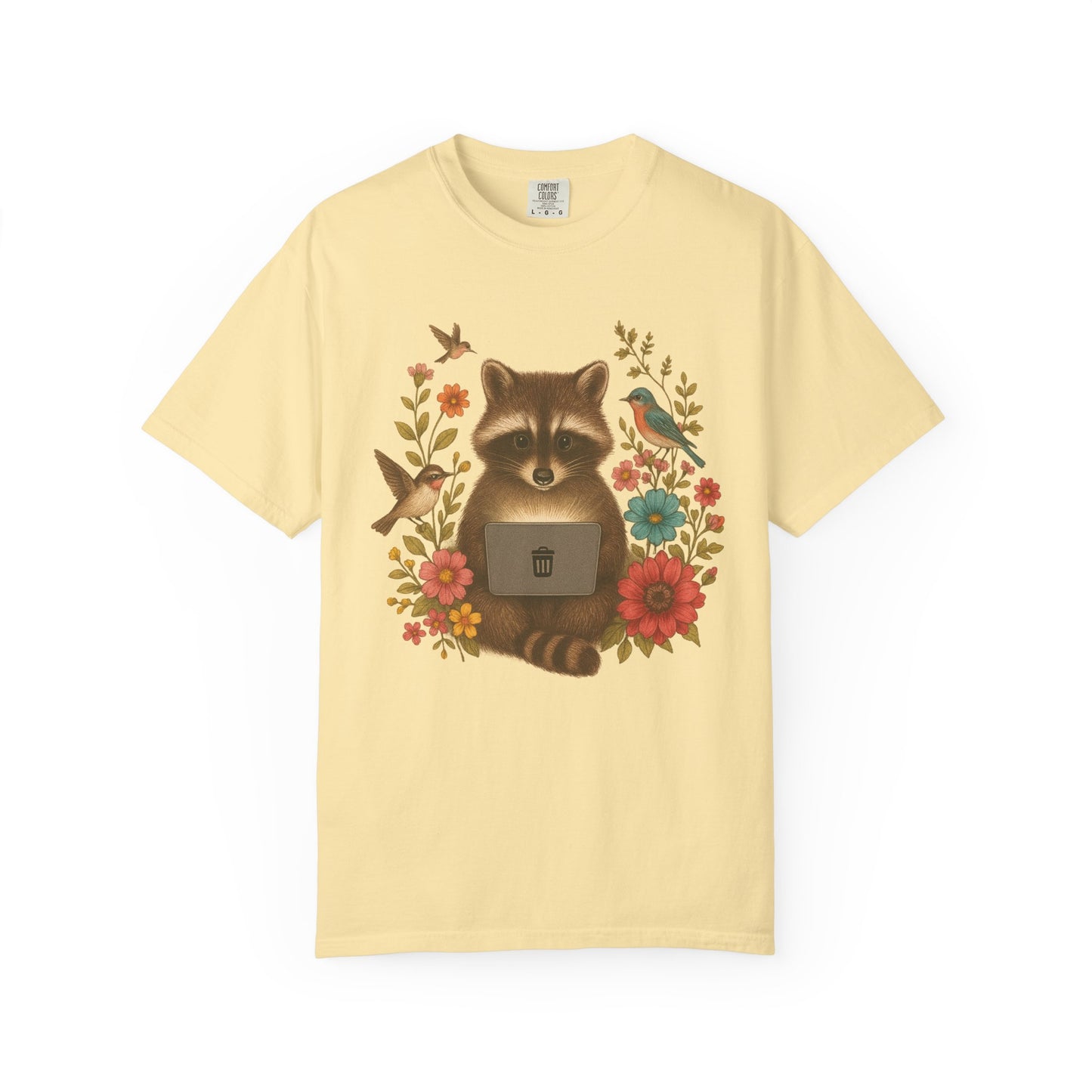 T-shirt with vintage-style raccoon illustration surrounded by colorful wildflowers and birds