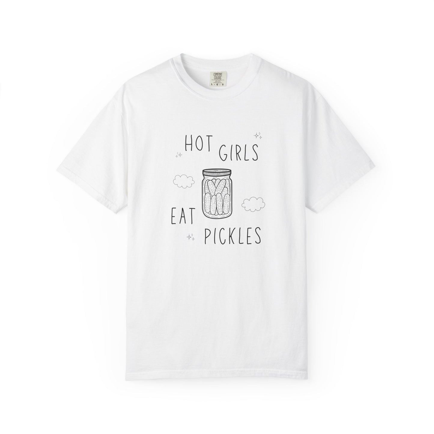 T-shirt with hand-lettered 'Hot Girls Eat Pickles' text and illustrated pickle jar with clouds