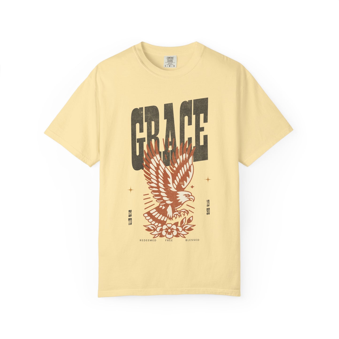 Christian t-shirt with vintage eagle design in orange and cream colors featuring Grace text and decorative elements