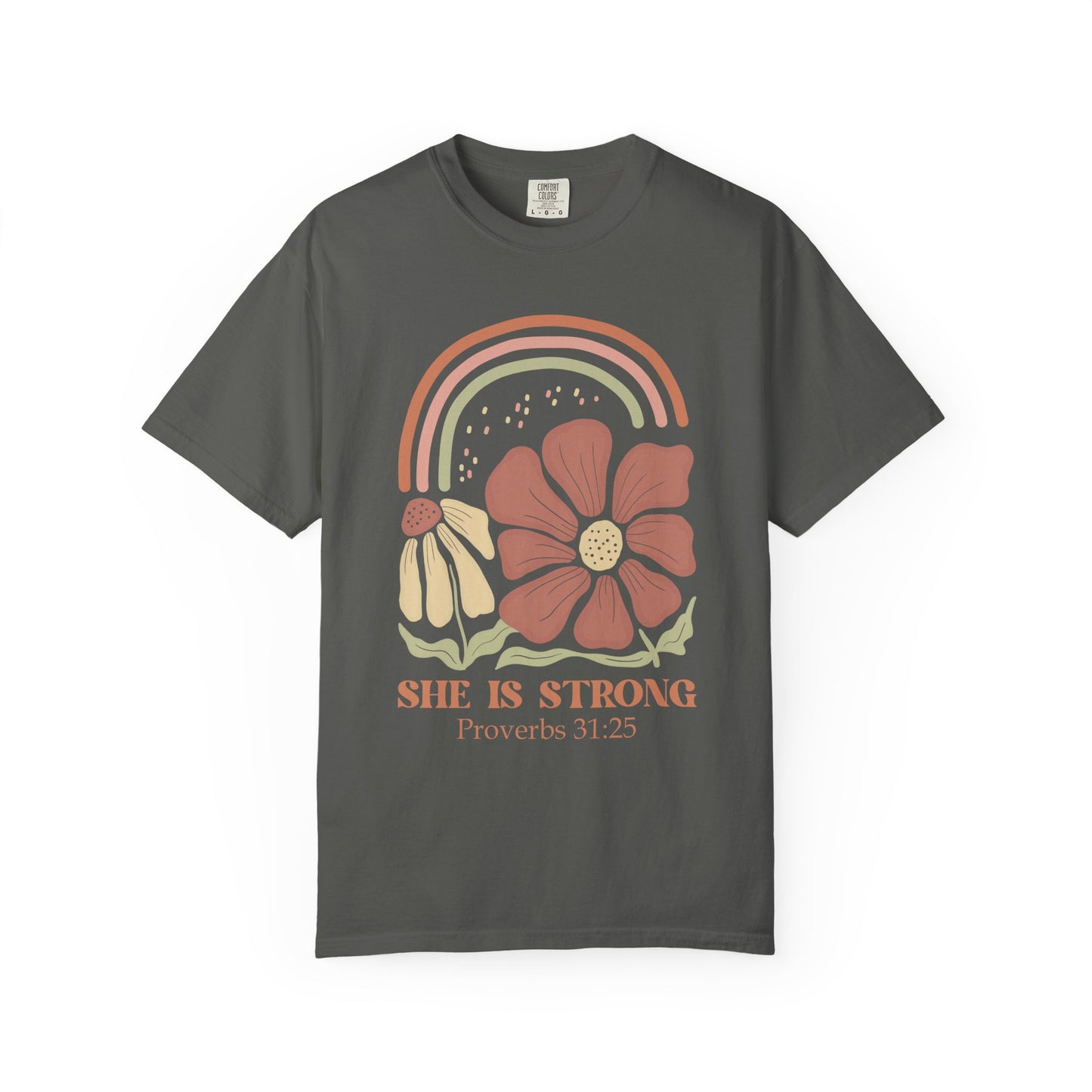T-shirt with boho rainbow, terracotta and cream flowers, and 'She Is Strong Proverbs 31:25' text