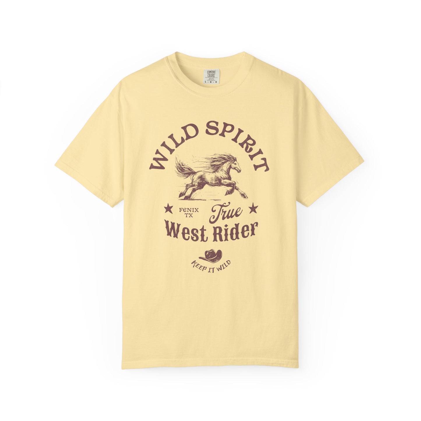 Western t-shirt with galloping horse design, Fenix Texas text, and cowboy hat graphic in vintage style