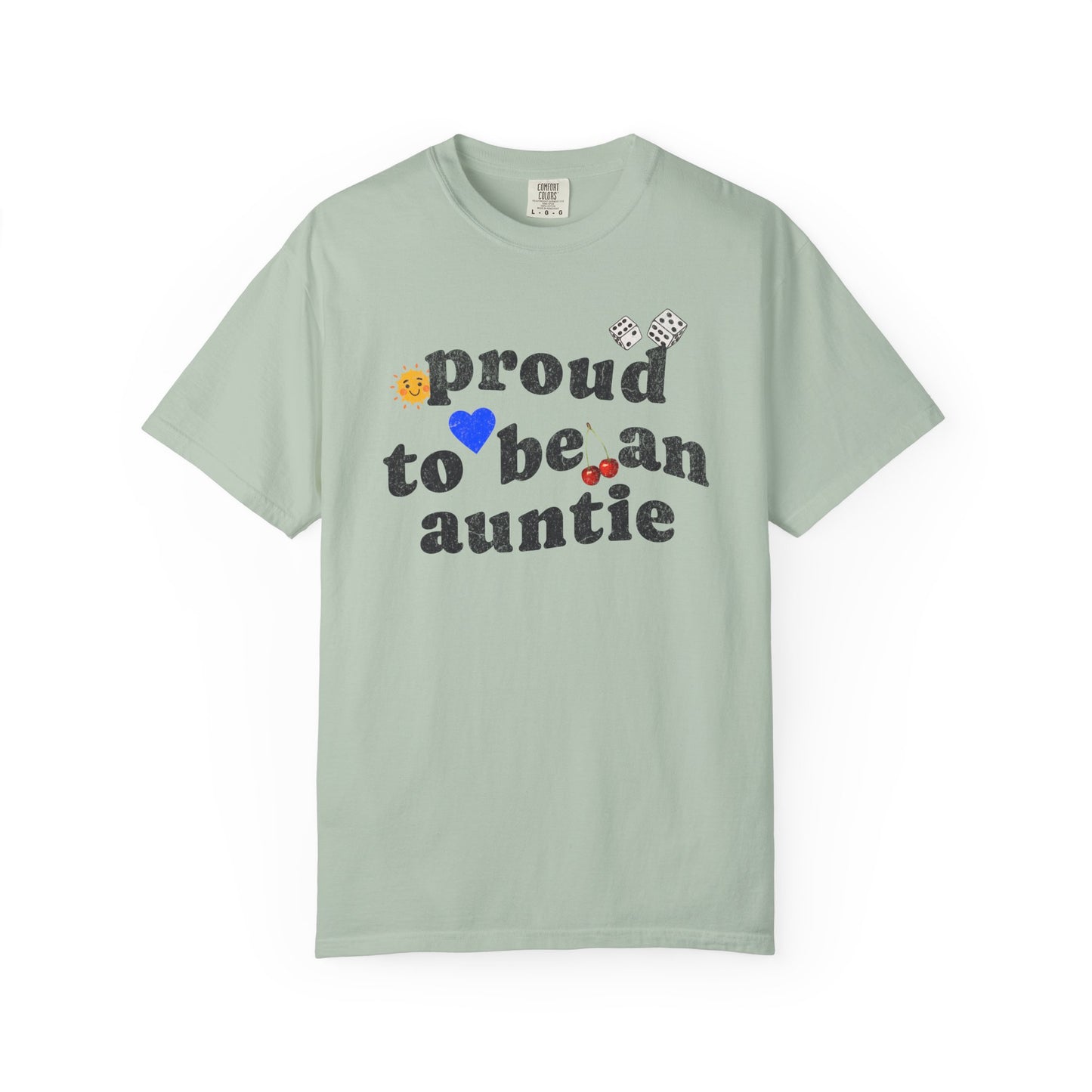 T-shirt with distressed text 'proud to be an auntie' featuring sun, heart, dice and cherries