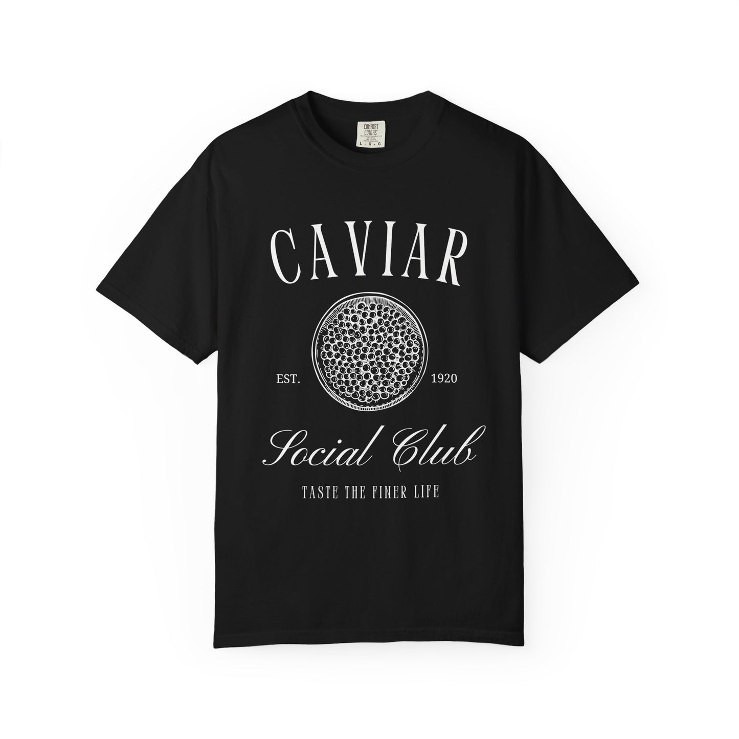 T-shirt with vintage caviar social club logo featuring caviar tin graphic and elegant typography