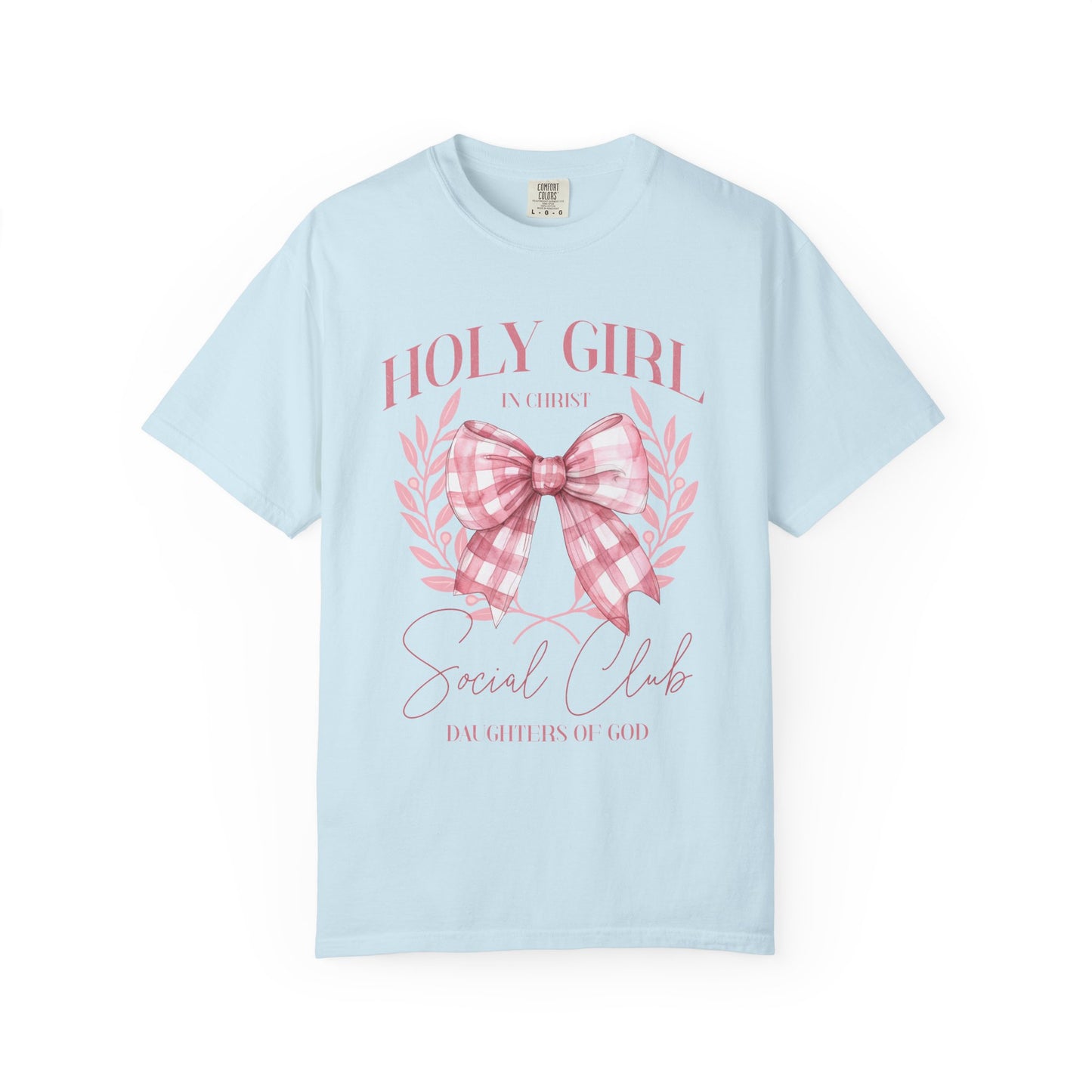 Tshirt with Holy Girl Social Club design featuring pink gingham bow and floral elements