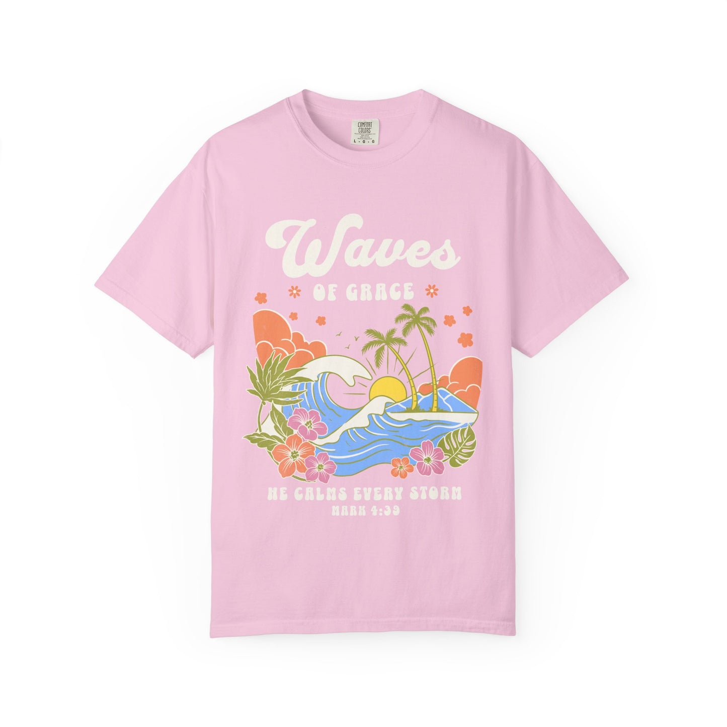 T-shirt with tropical ocean waves, palm trees, hibiscus flowers and 'Waves of Grace' scripture design