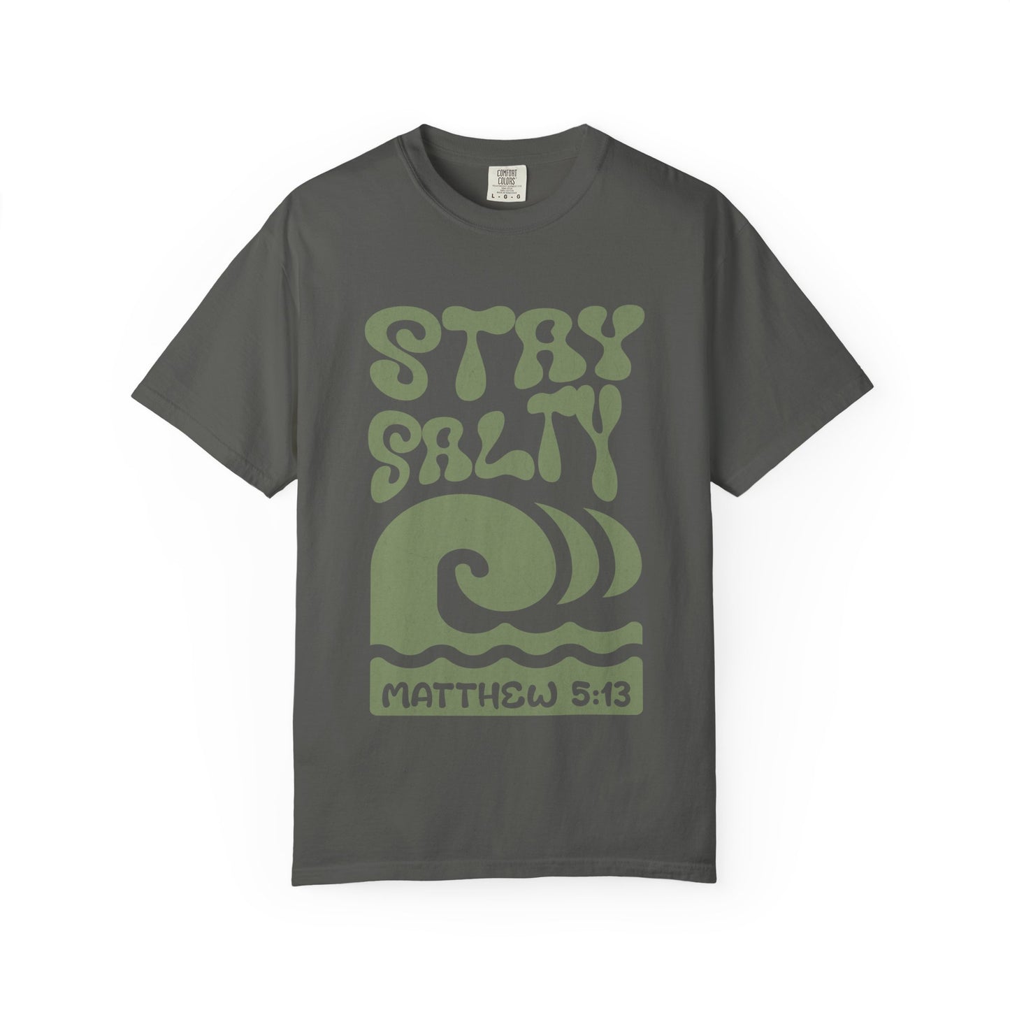 Stay Salty Matthew 5:13 t-shirt with retro wave design in sage green christian graphic