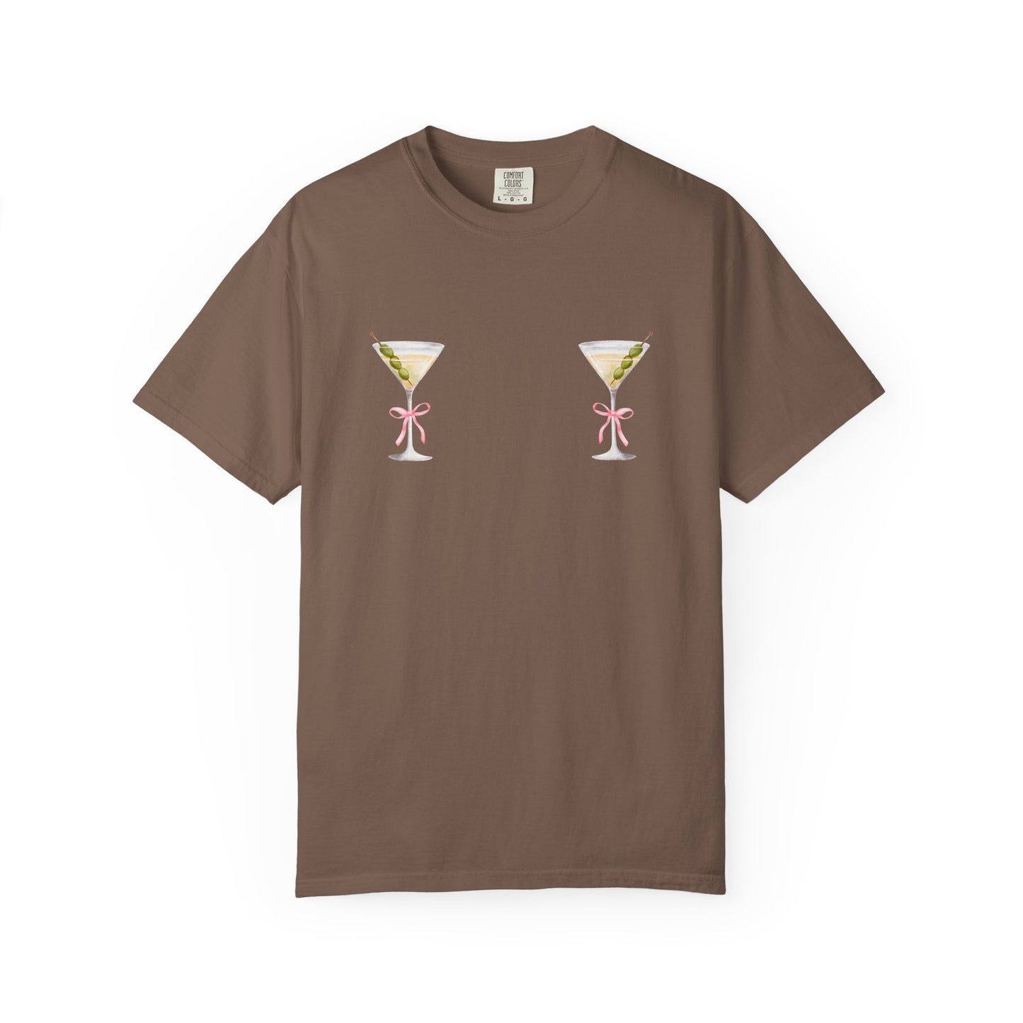 T-shirt design with two martini glasses containing olives and pink bow details creating a humorous cocktail theme