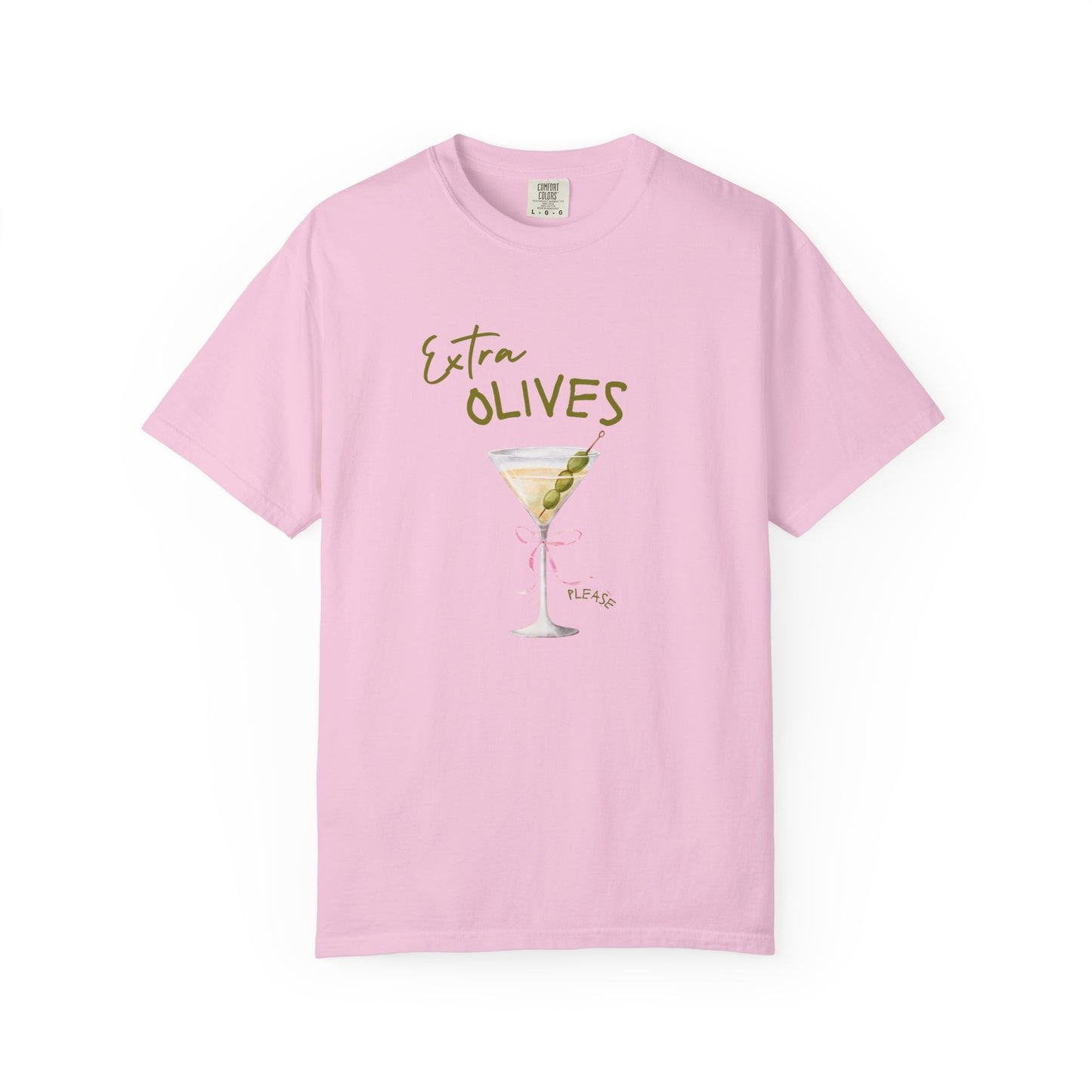 T-shirt design with martini glass, green olives, and pink bow saying Extra Olives Please