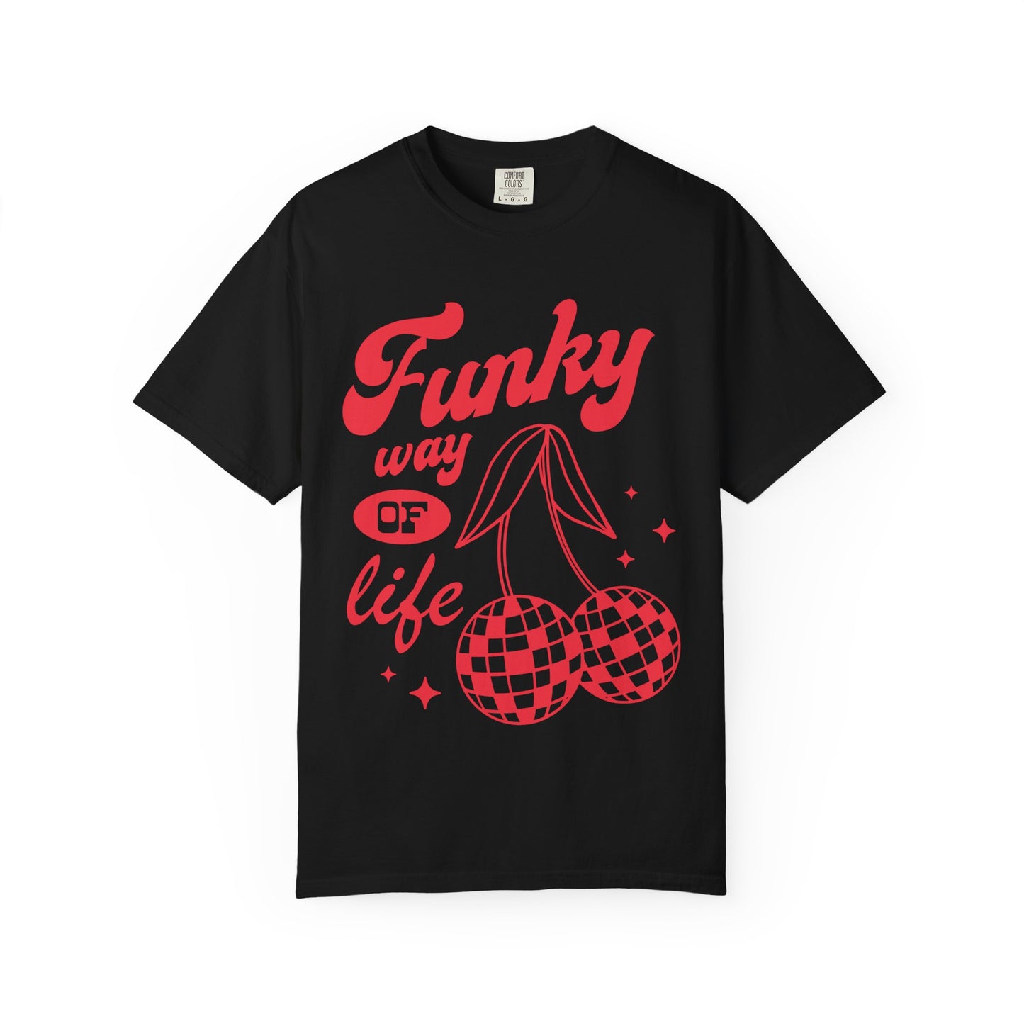 T-shirt with red retro cherry design featuring checkered disco ball cherries and funky typography