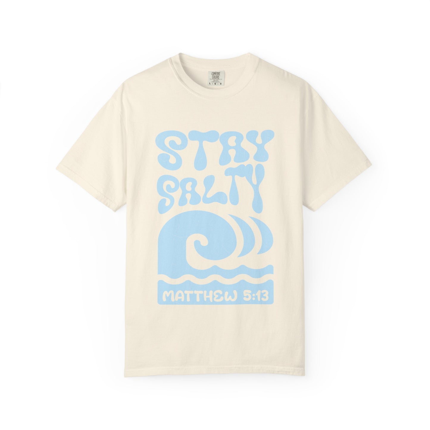 Christian t-shirt with 'Stay Salty' text and ocean wave design referencing Matthew 5:13