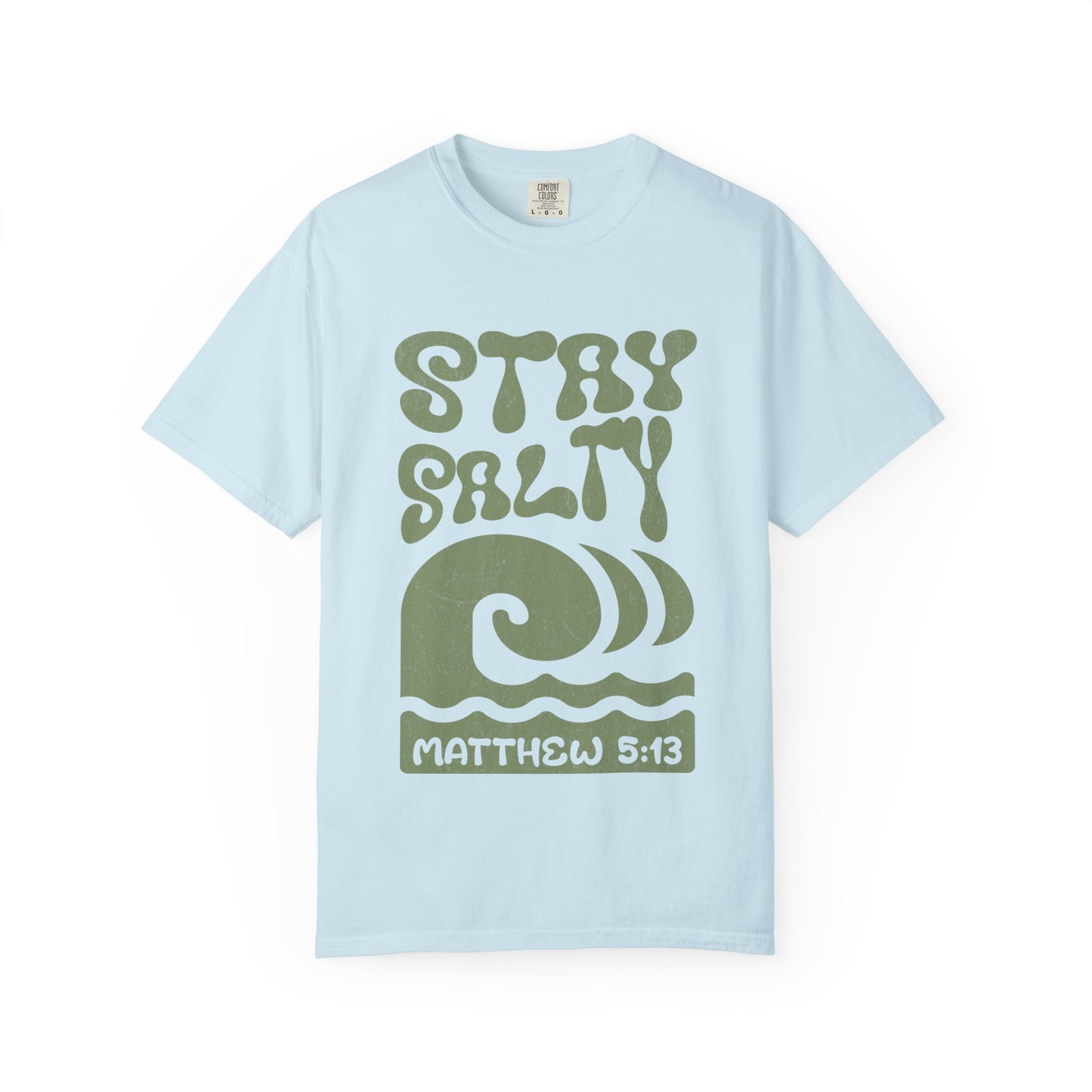 Stay Salty Matthew 5:13 t-shirt with retro wave design in sage green christian graphic