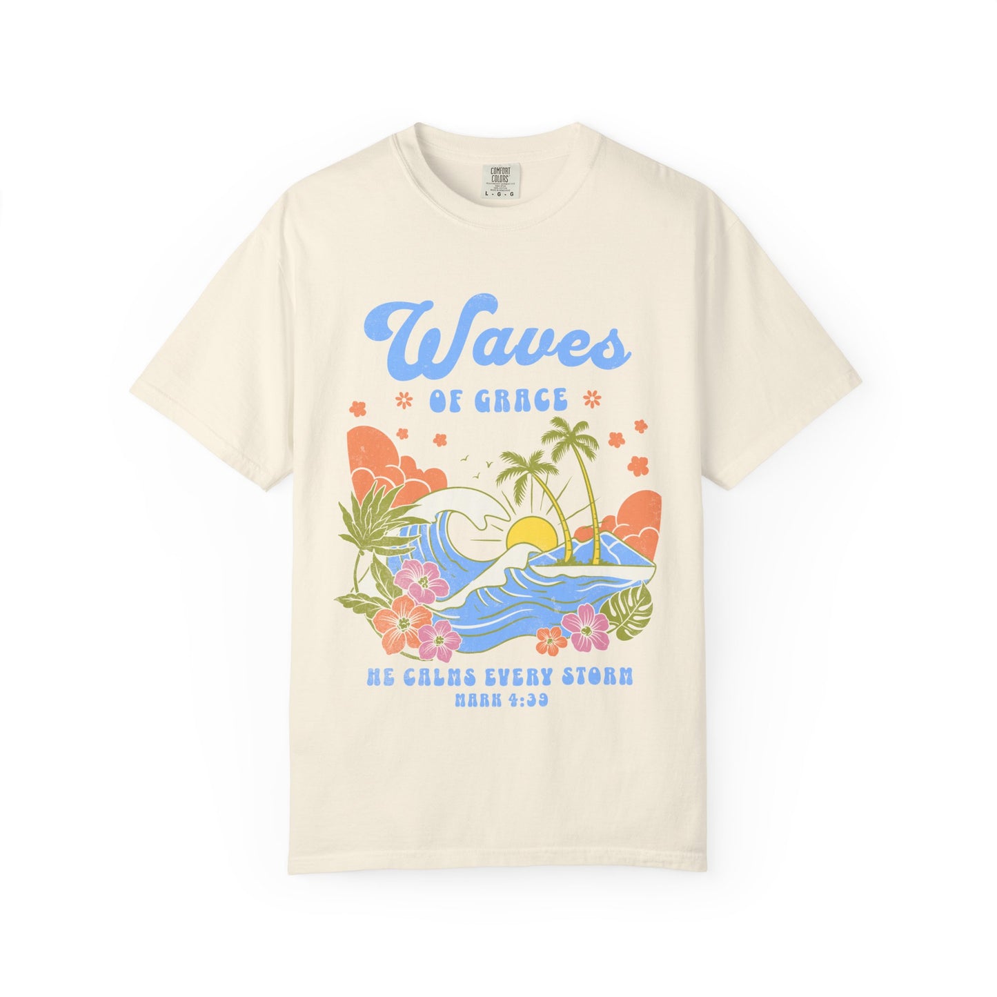 T-shirt with tropical ocean waves, palm trees, hibiscus flowers and 'Waves of Grace' scripture design