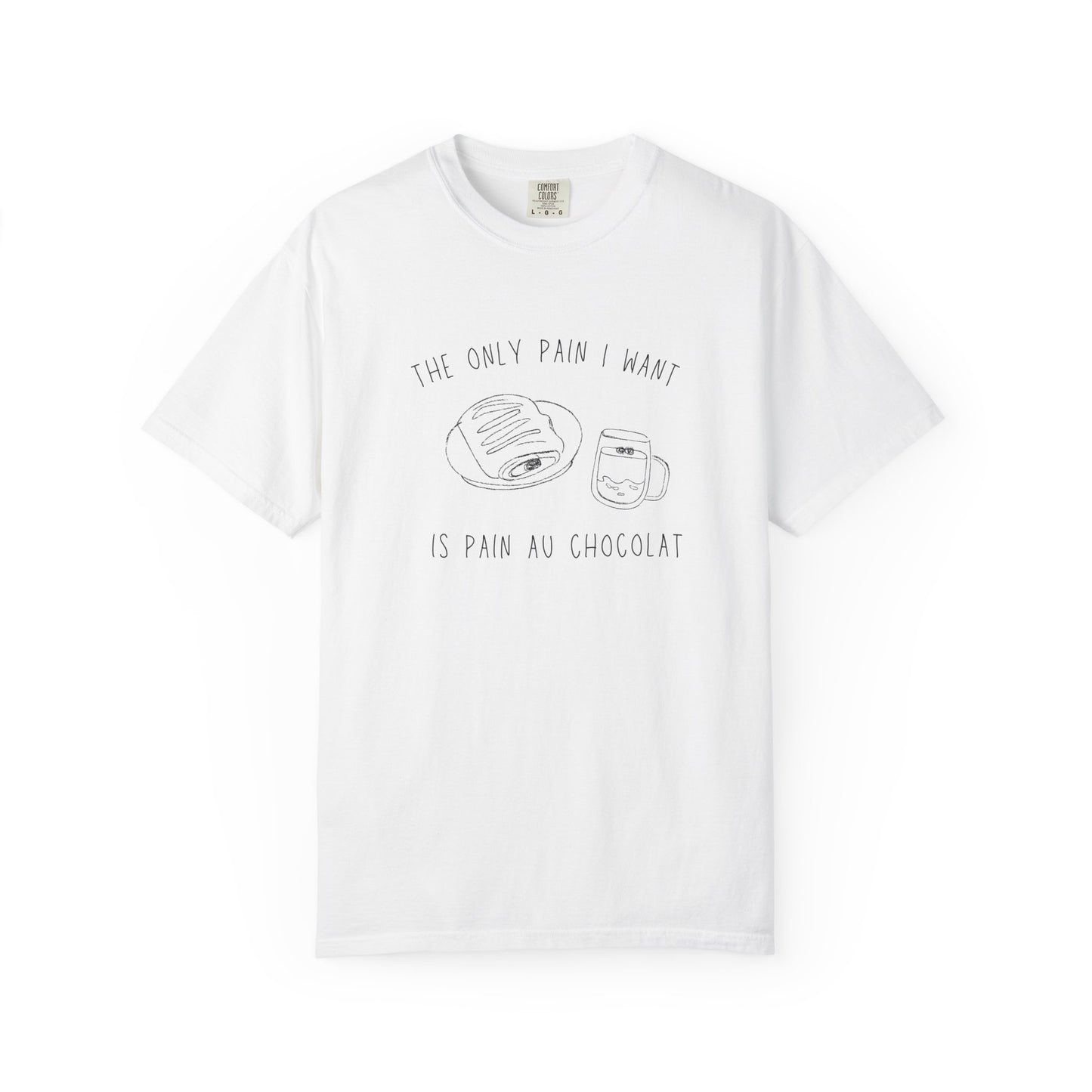 T-shirt with hand-drawn croissant and coffee cup illustration and funny baking text