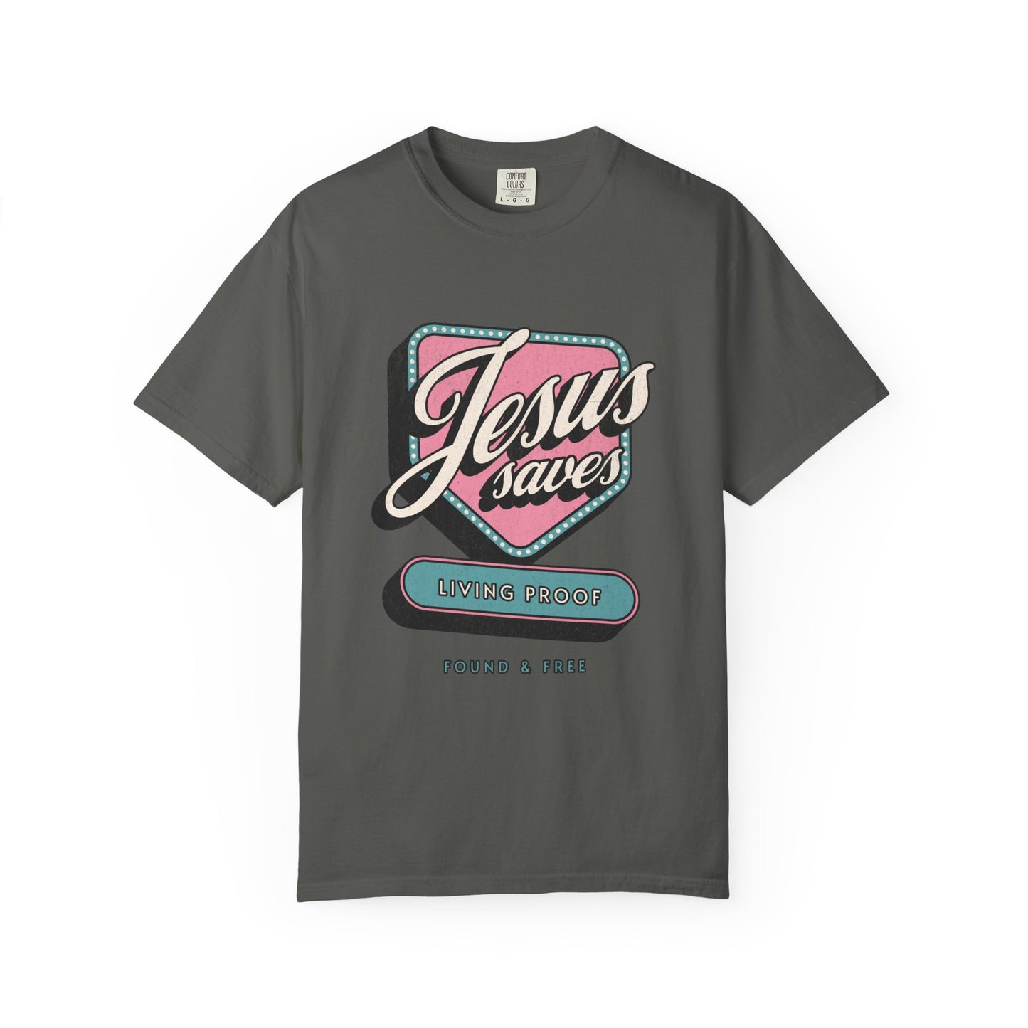 T-shirt with retro Jesus Saves design in pink and blue with distressed vintage styling