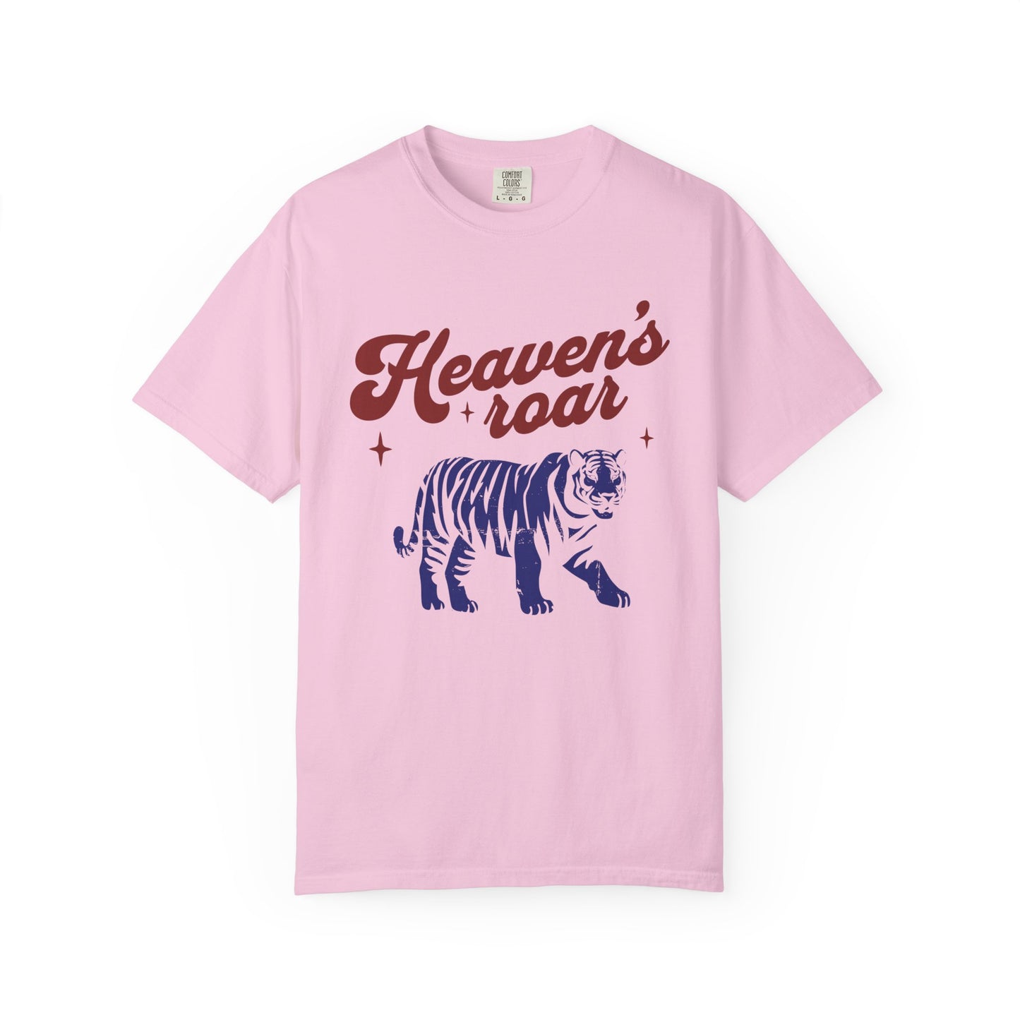T-shirt with retro Heaven's roar text in red and blue tiger graphic design