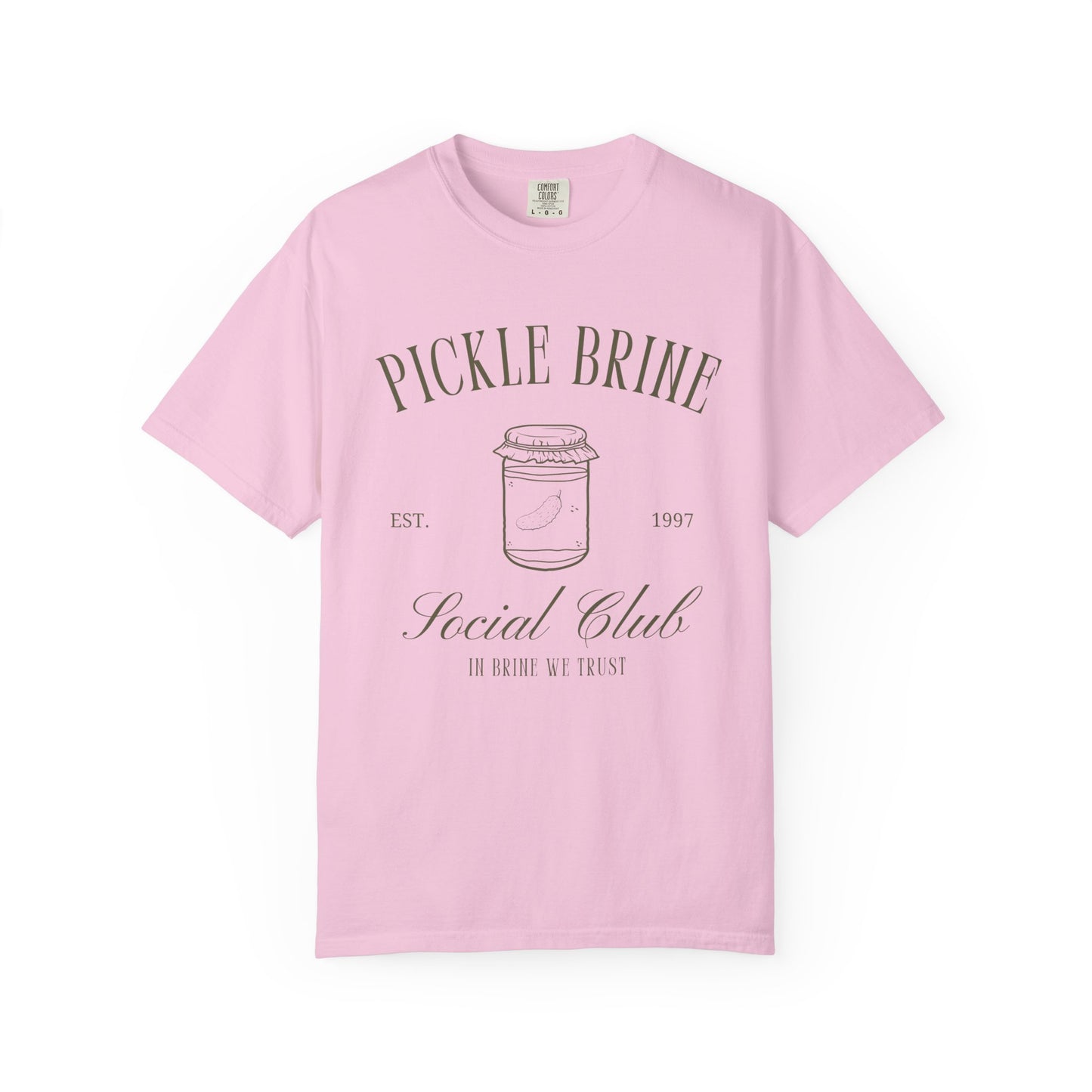 T-shirt with vintage pickle brine social club design featuring mason jar with pickle illustration