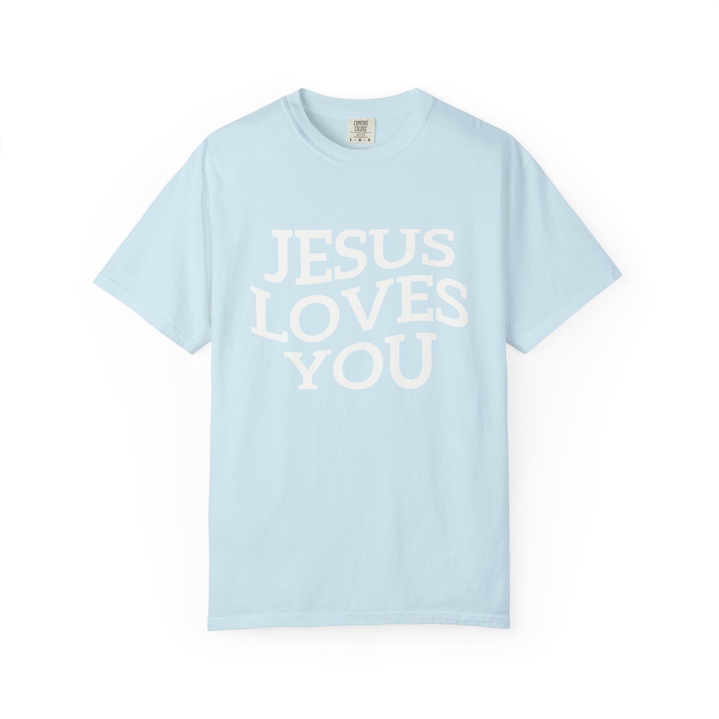 T-shirt with bold black text reading 'JESUS LOVES YOU' in large serif typography