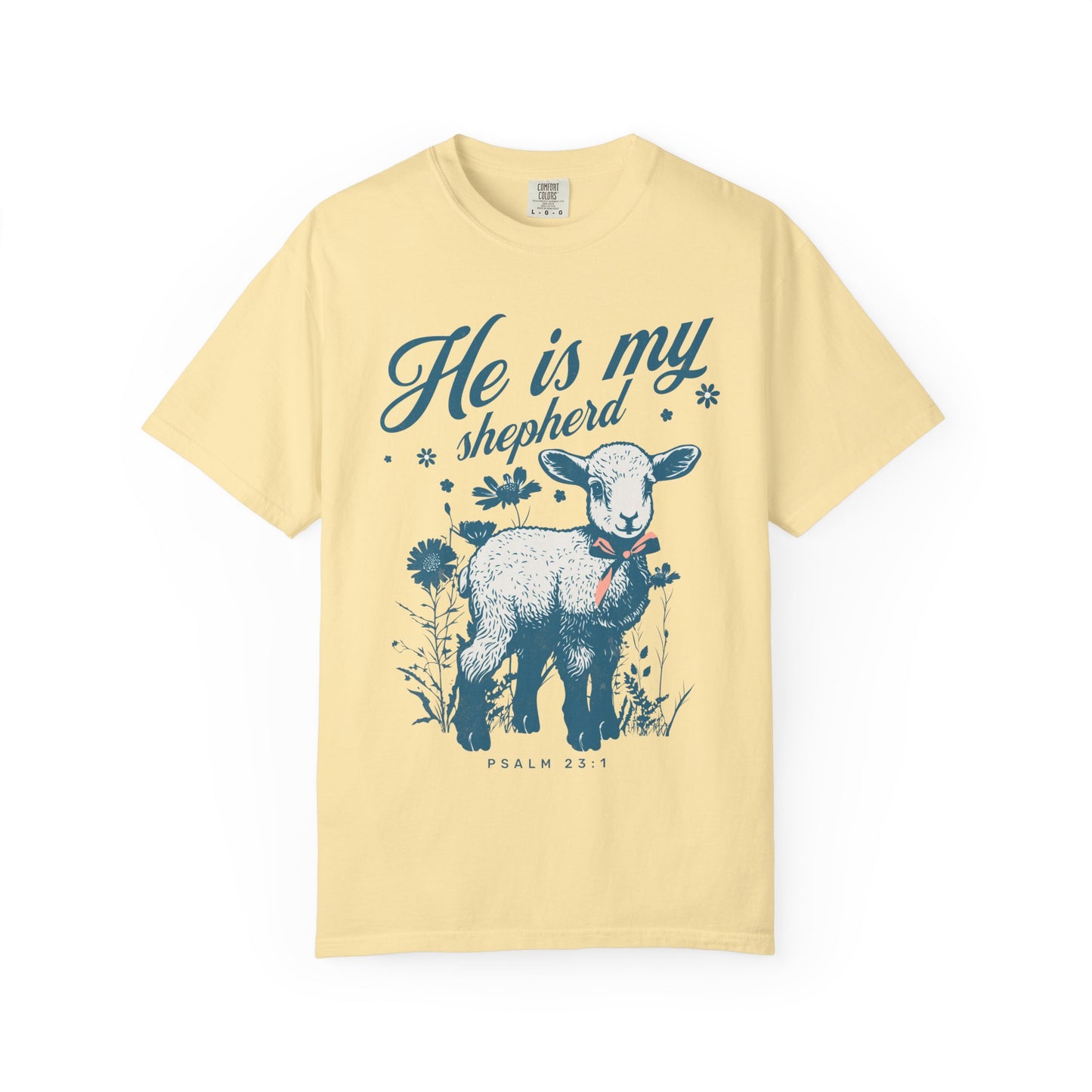 Christian t-shirt featuring adorable lamb with wildflowers and 'He Is My Shepherd' text in teal