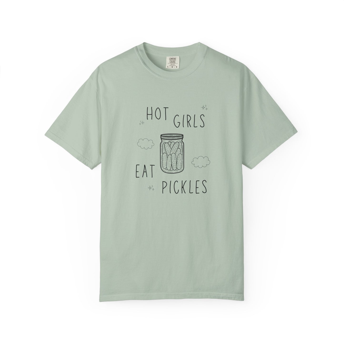 T-shirt with hand-lettered 'Hot Girls Eat Pickles' text and illustrated pickle jar with clouds