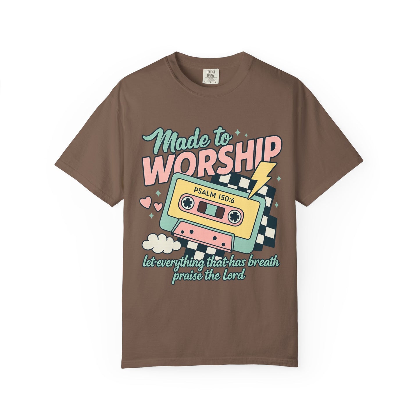 T-shirt with retro cassette tape design featuring 'Made to Worship' text and Psalm 150:6 scripture in pastel colors