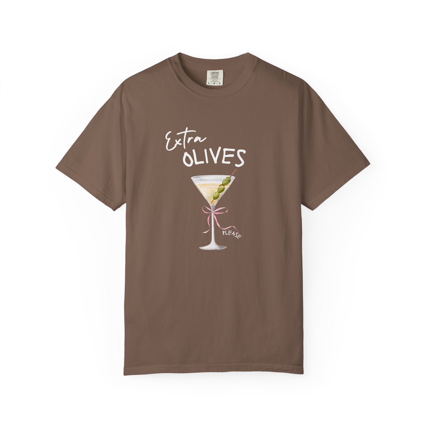 T-shirt design with martini glass, green olives, and pink bow saying Extra Olives Please