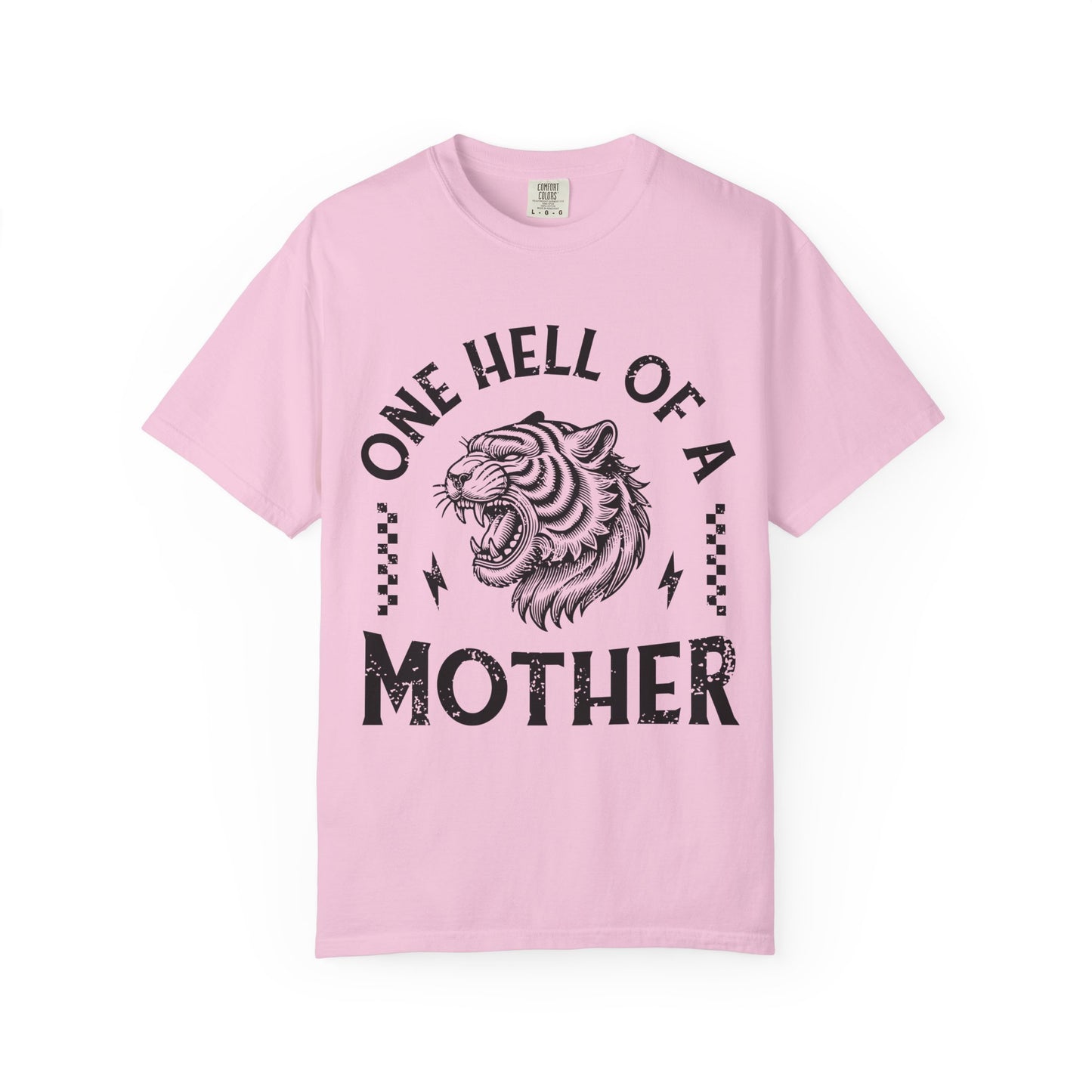Black and white t-shirt with roaring tiger head and 'One Hell Of A Mother' text in distressed lettering