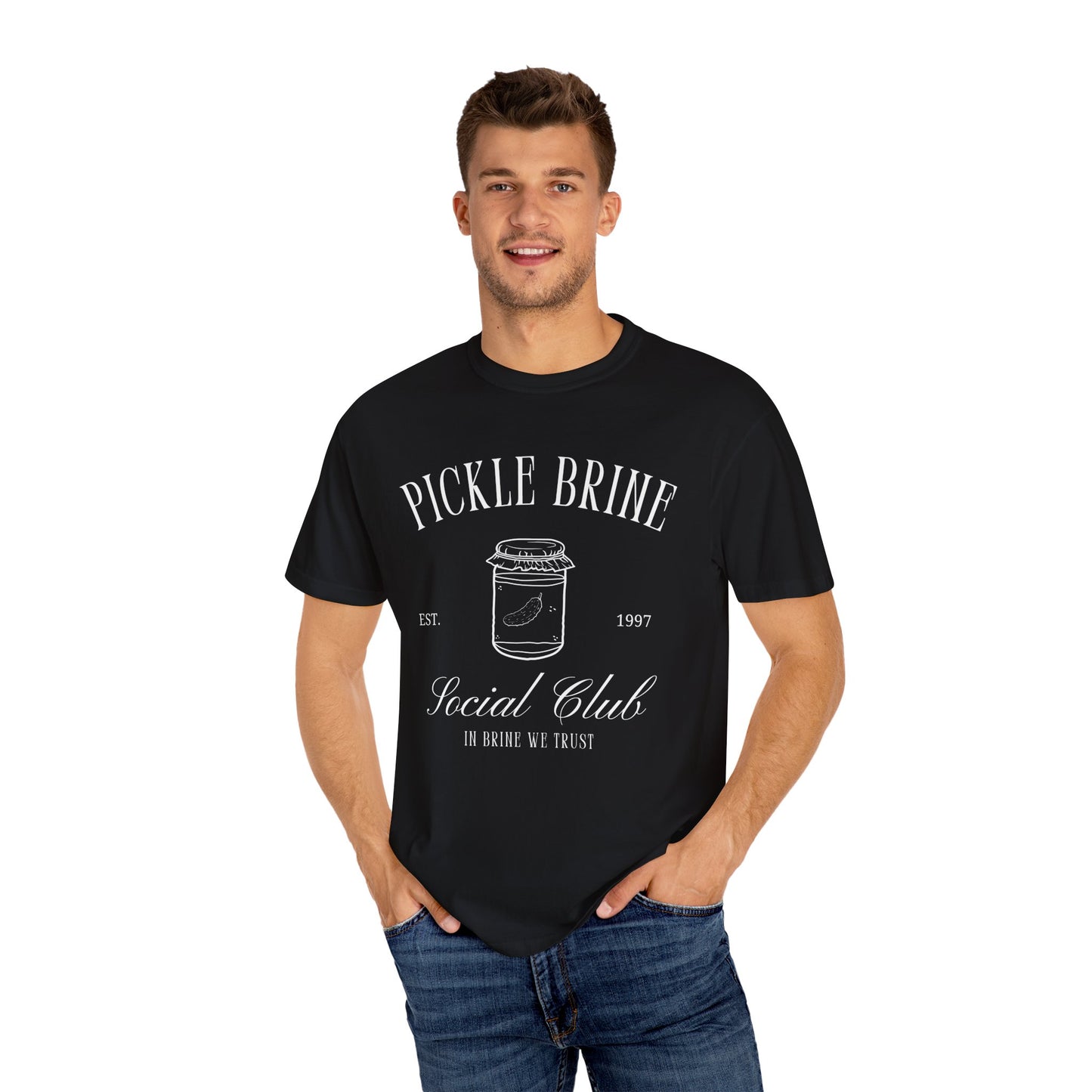 T-shirt with vintage pickle brine social club design featuring mason jar with pickle illustration