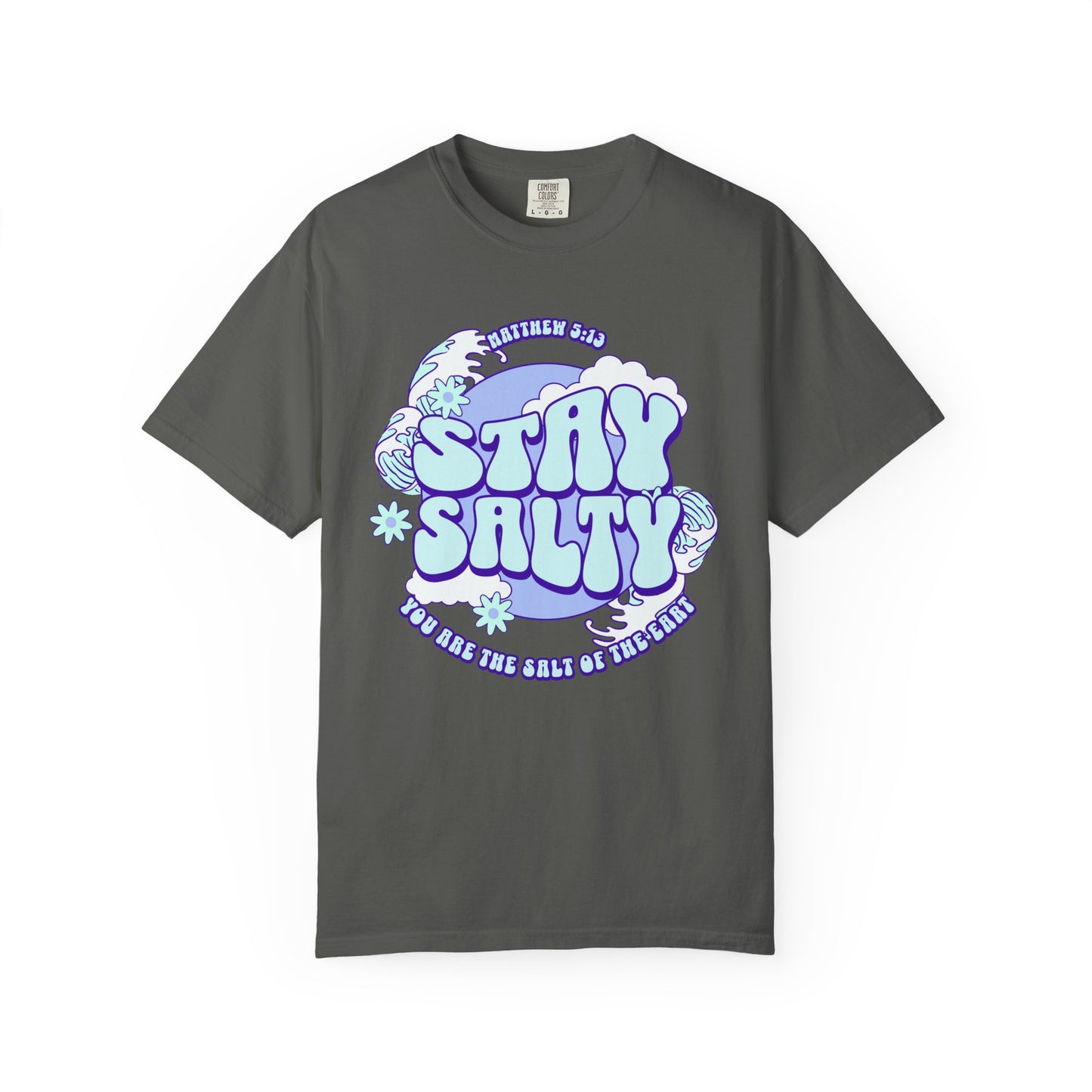 T-shirt with purple and mint green 'Stay Salty' text design featuring Matthew 5:13 scripture and retro styling