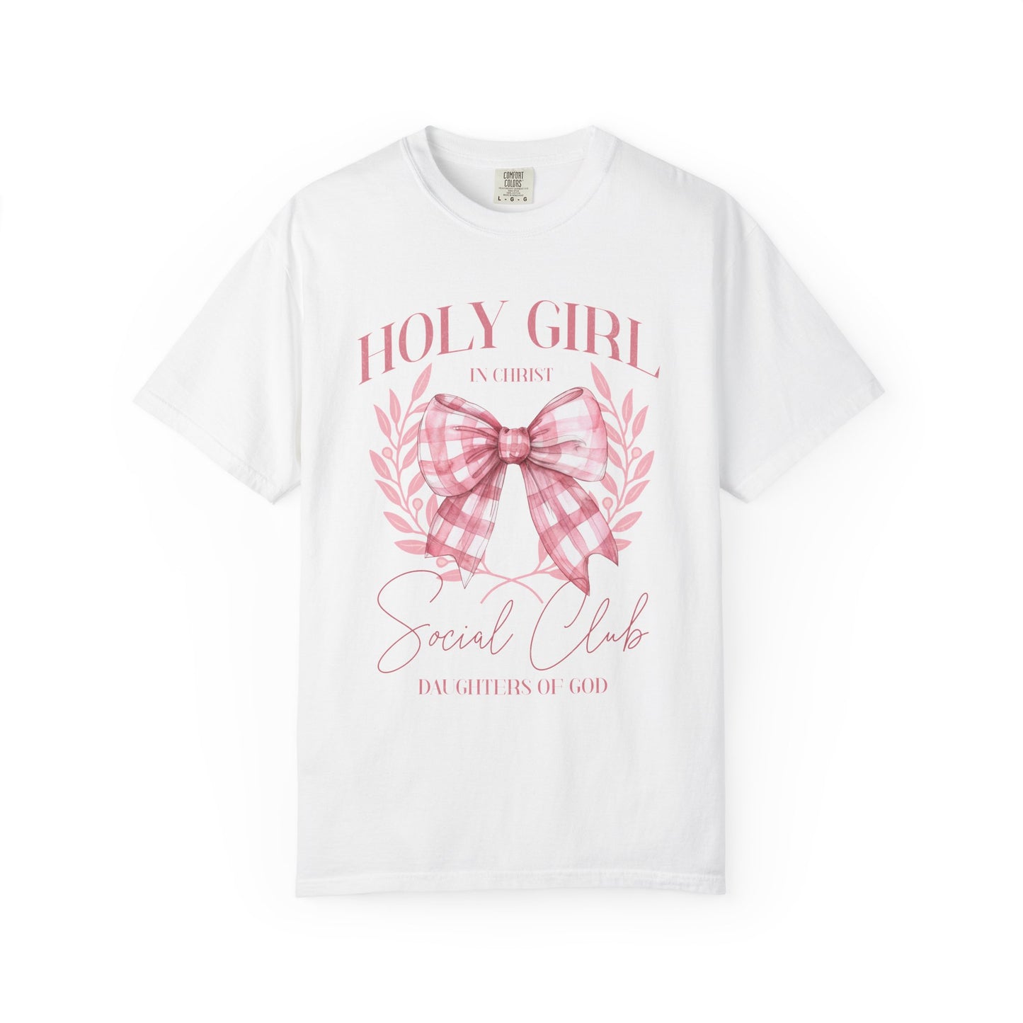 Tshirt with Holy Girl Social Club design featuring pink gingham bow and floral elements