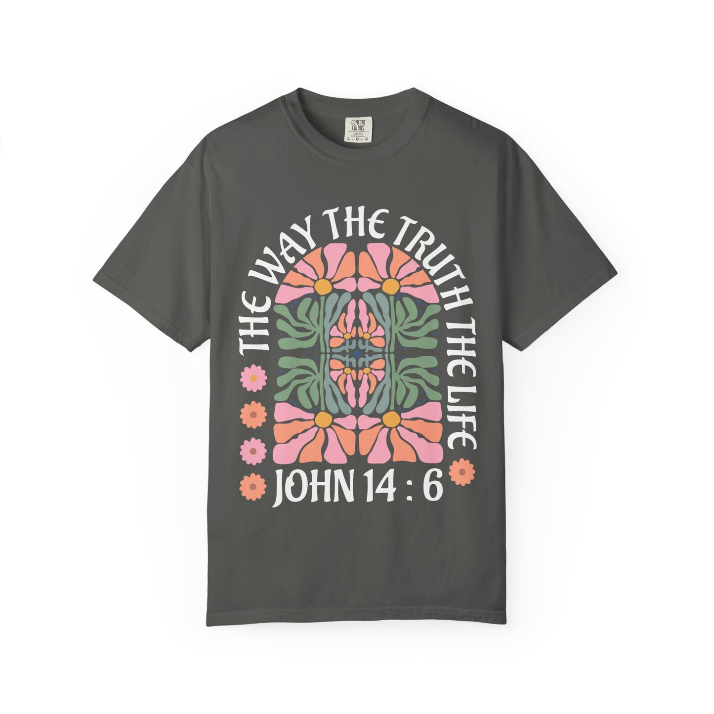 Christian t-shirt with John 14:6 verse and decorative floral mandala in pink, coral, and green
