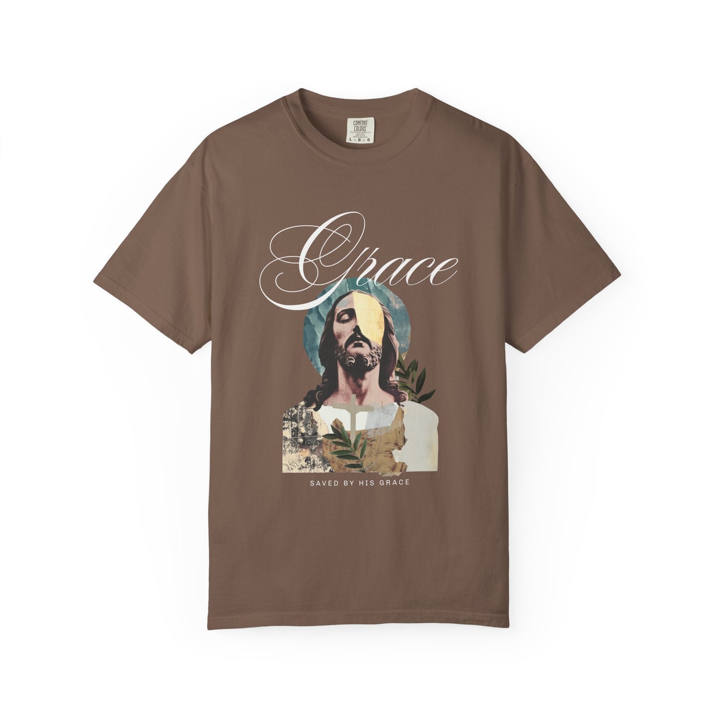Christian t-shirt featuring artistic Jesus portrait with Grace text and cross design in vintage style