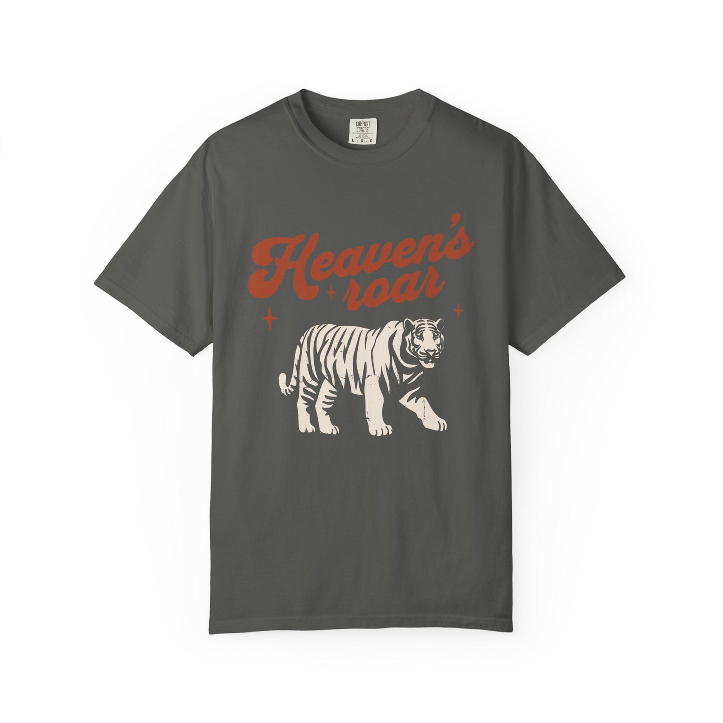 T-shirt with retro Heaven's roar text in red and blue tiger graphic design