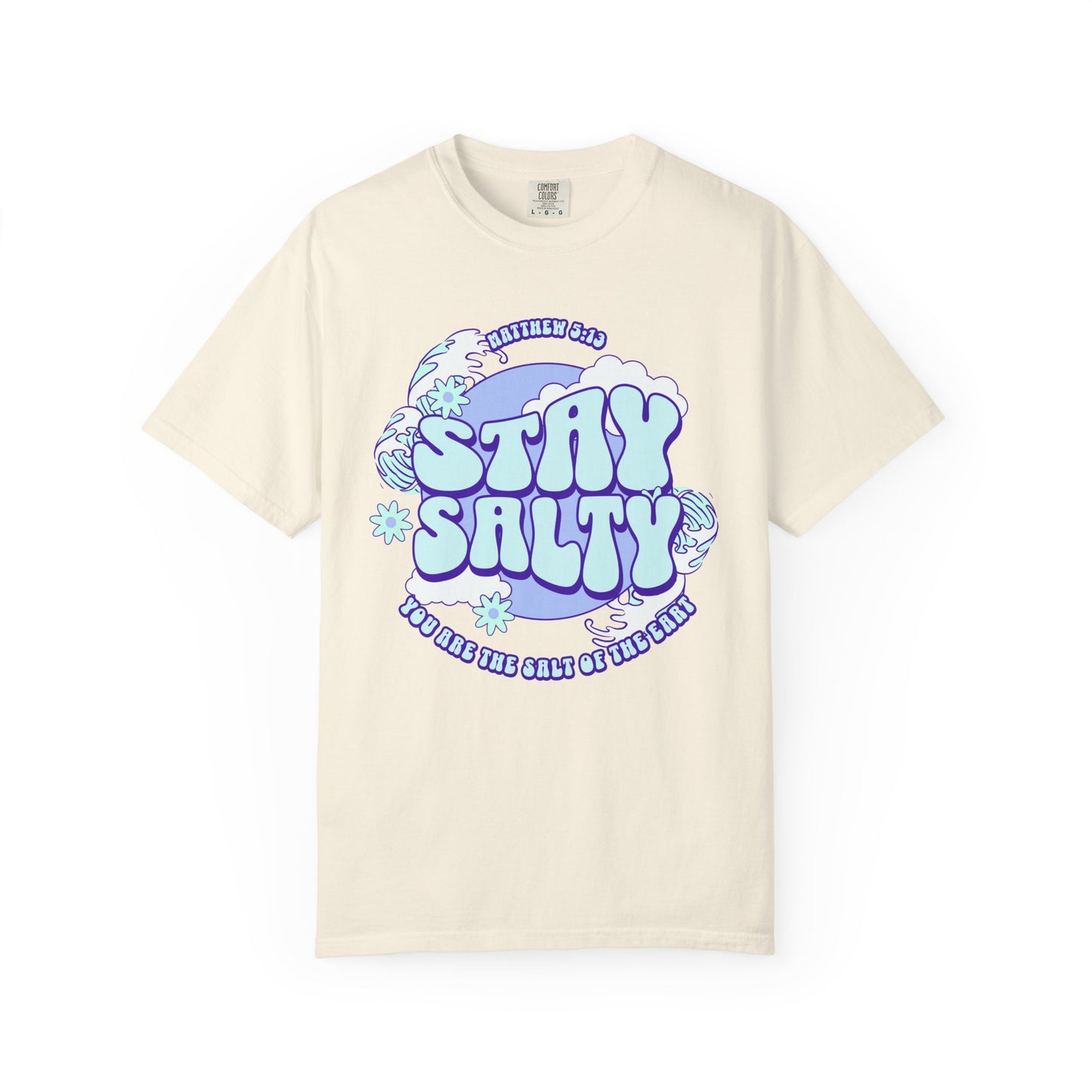 T-shirt with purple and mint green 'Stay Salty' text design featuring Matthew 5:13 scripture and retro styling