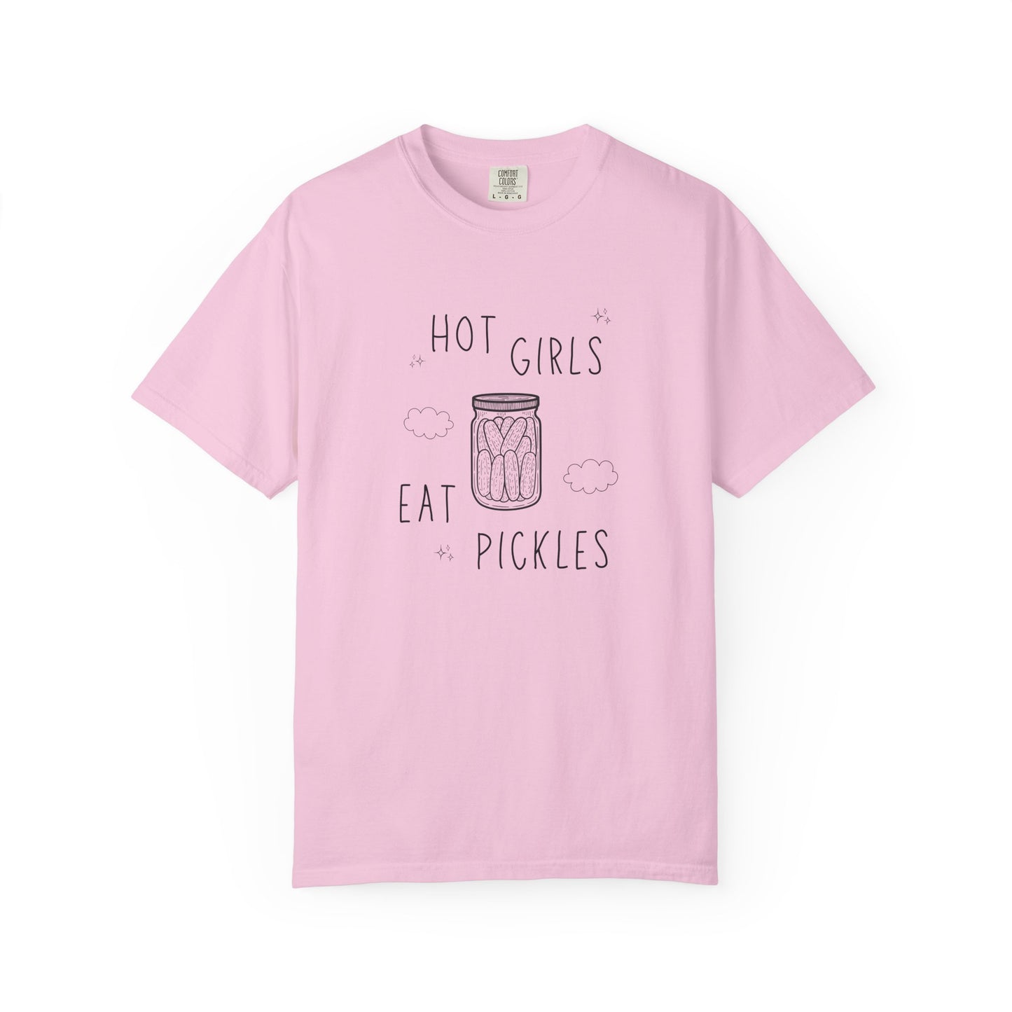 T-shirt with hand-lettered 'Hot Girls Eat Pickles' text and illustrated pickle jar with clouds