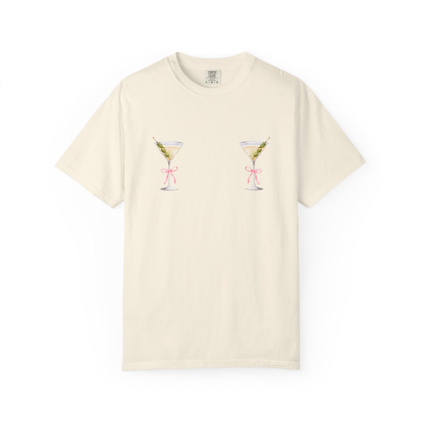 T-shirt design with two martini glasses containing olives and pink bow details creating a humorous cocktail theme