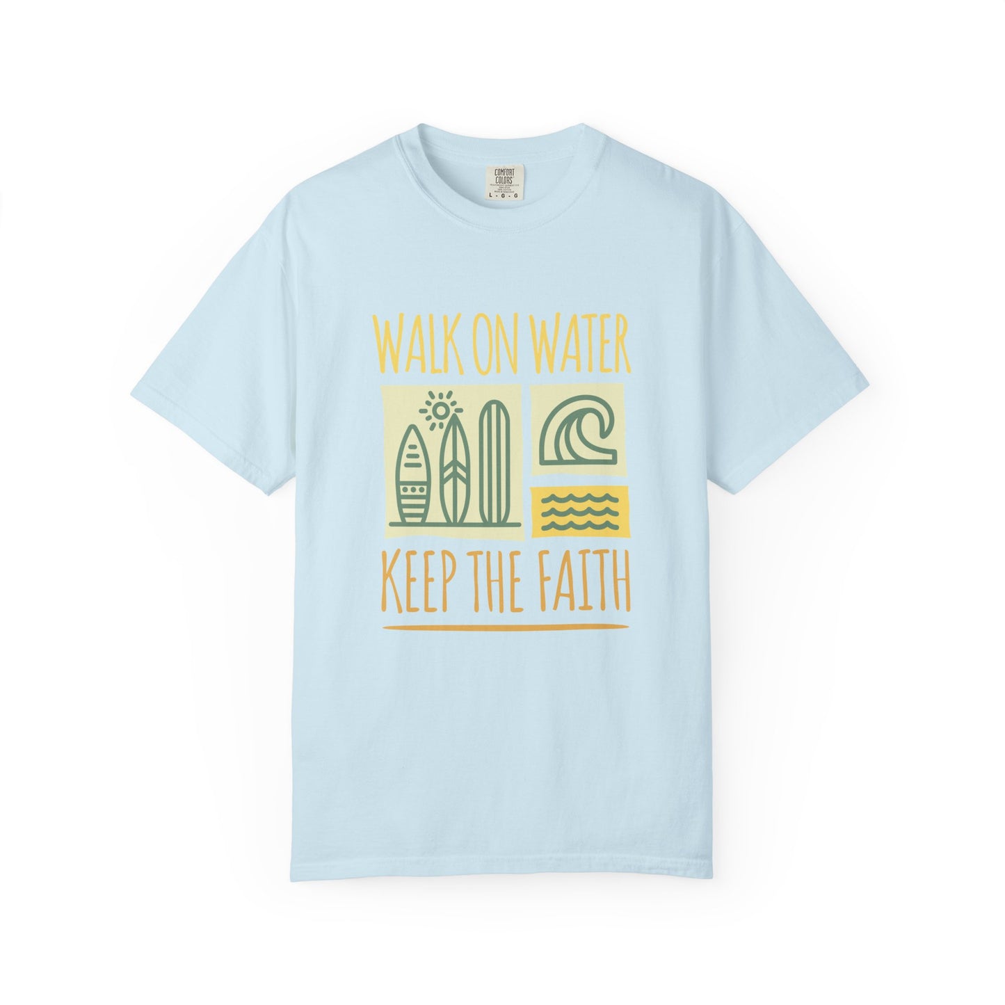 T-shirt with yellow Walk On Water Keep The Faith text, retro surfboard graphics and teal wave designs