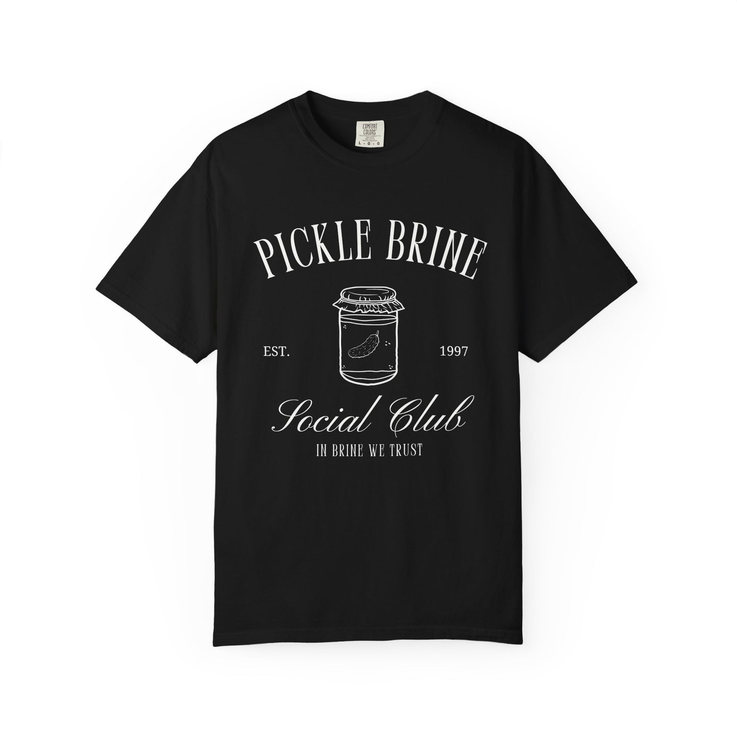 T-shirt with vintage pickle brine social club design featuring mason jar with pickle illustration