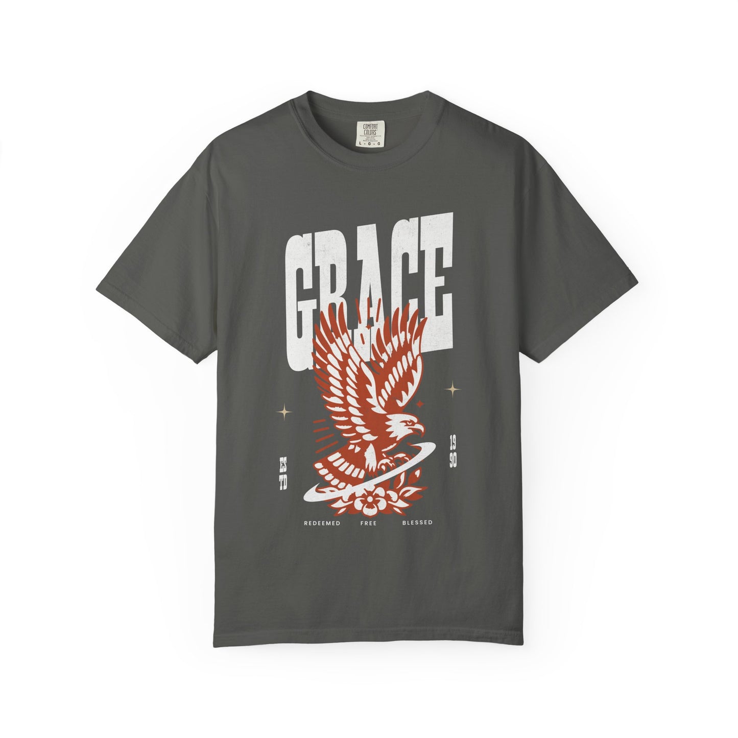 Christian t-shirt with vintage eagle design in orange and cream colors featuring Grace text and decorative elements